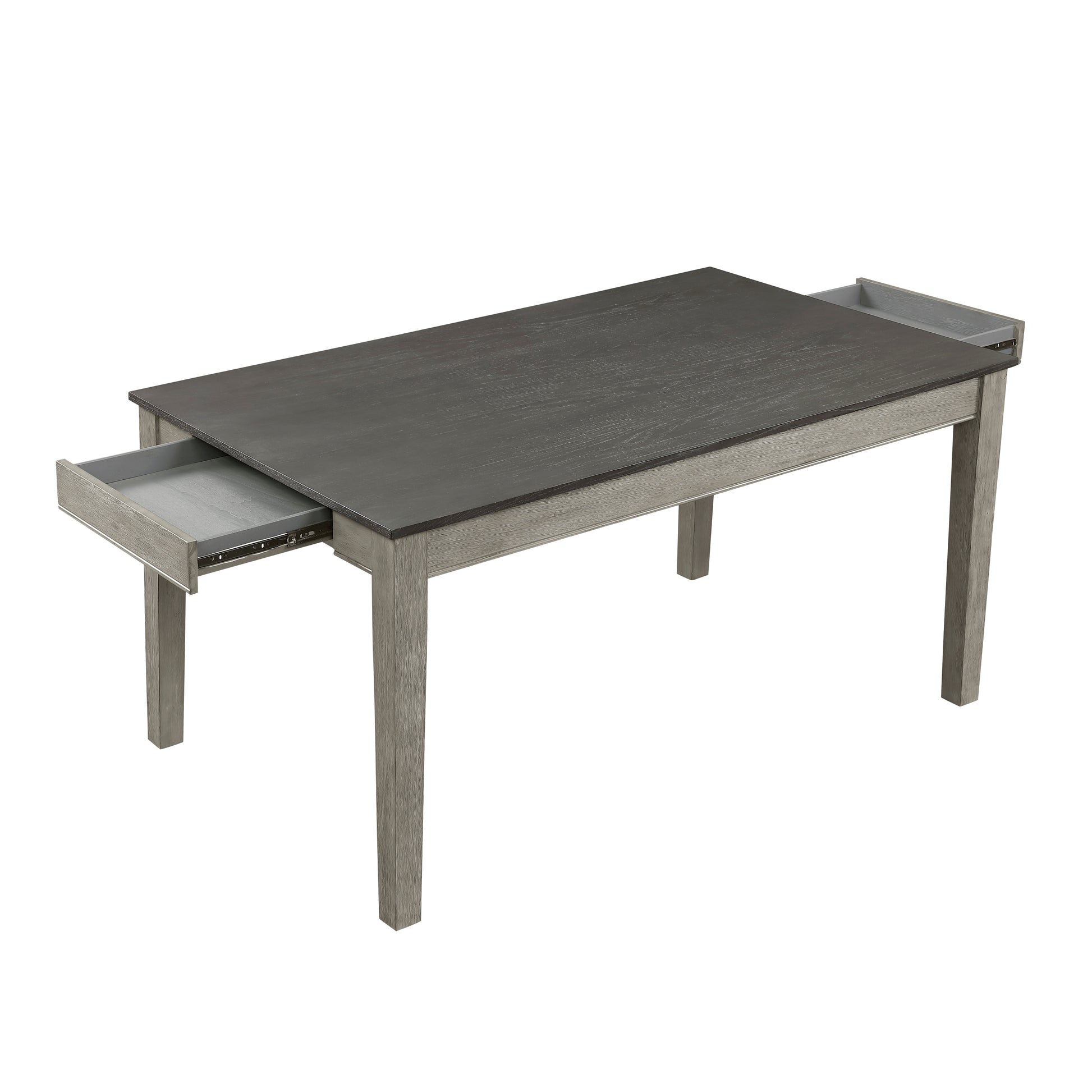 Rustic gray wood dining table with two pullout drawers