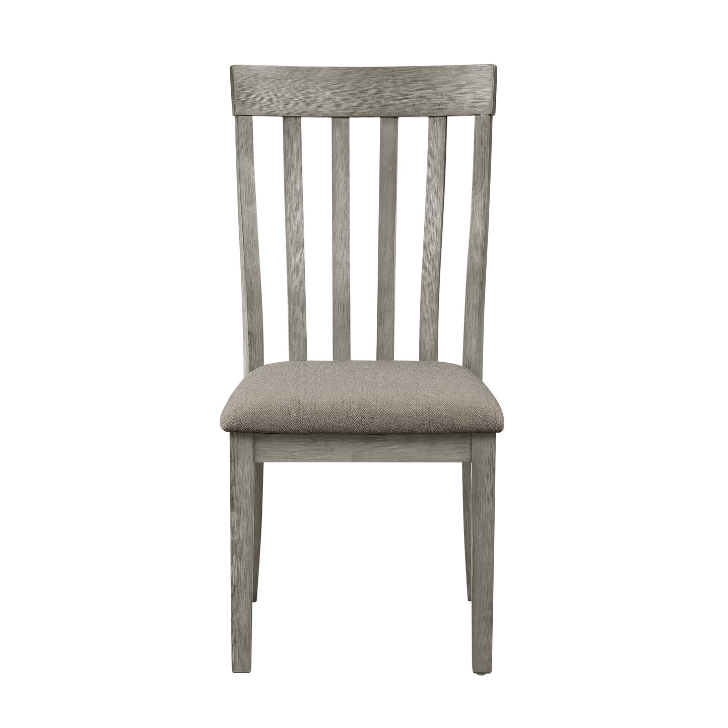 Gray wooden dining chair with slatted back and upholstered seat