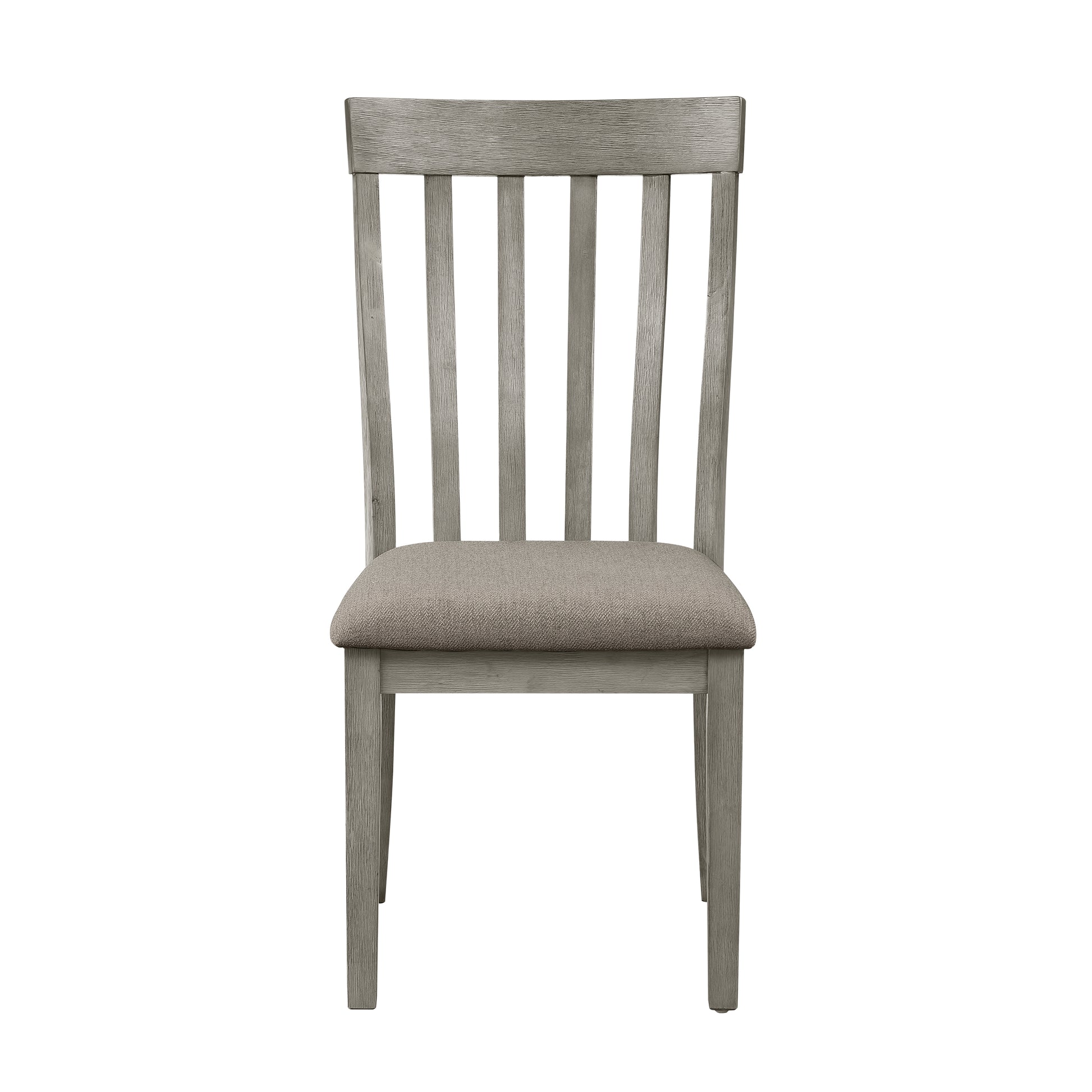 Gray wooden dining chair with slatted back and upholstered seat