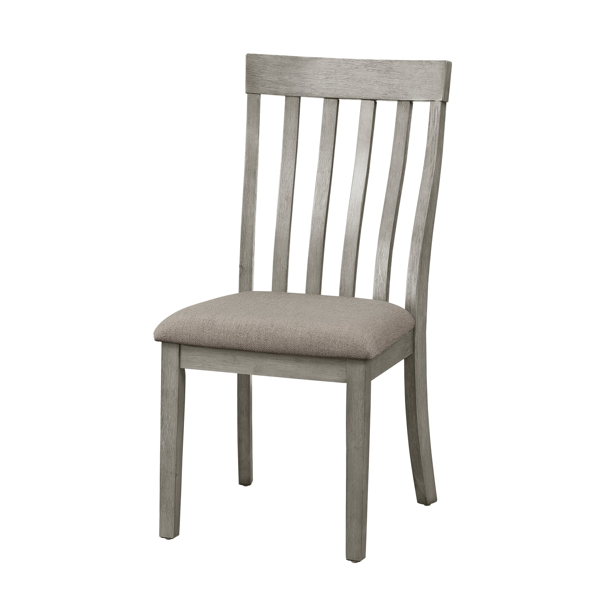 Gray slatted back dining chair with textured fabric seat