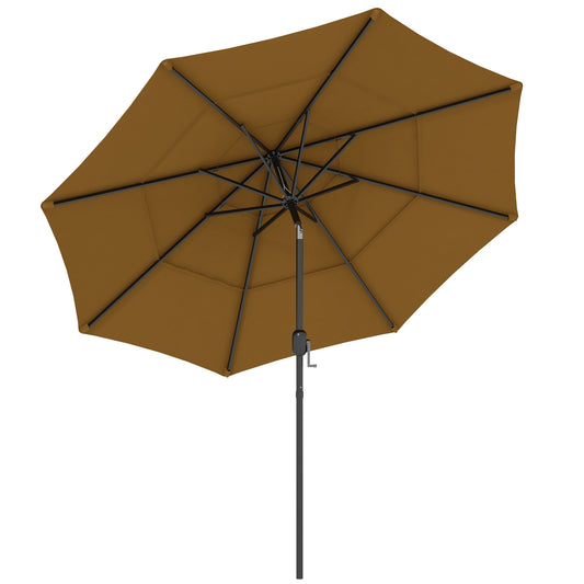 Brown outdoor patio umbrella with black metal frame and crank mechanism for easy opening