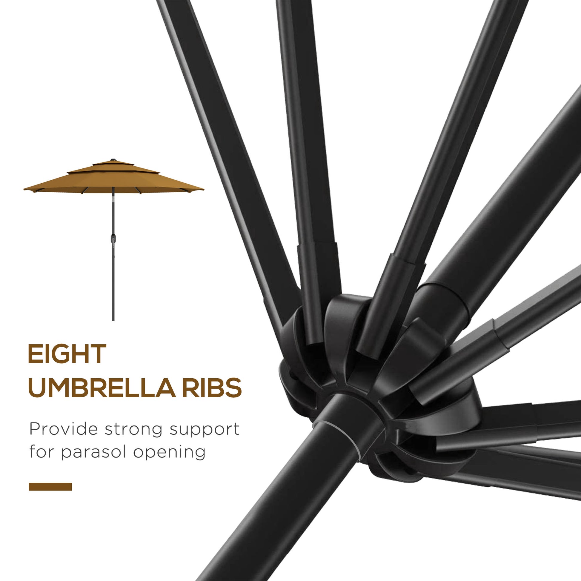 Closeup of black umbrella ribs on a white background