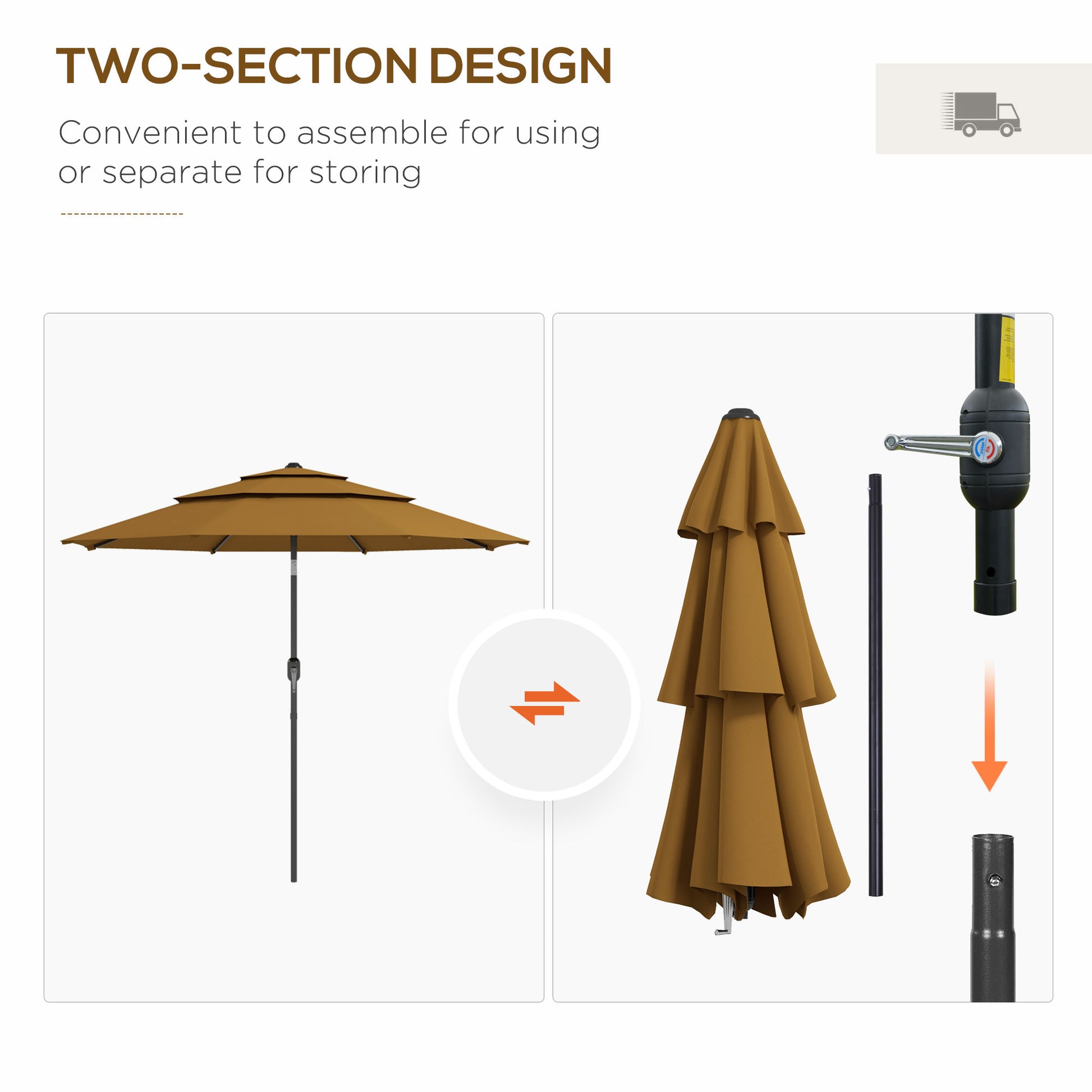Brown patio umbrella with tiered canopy and assembled pole