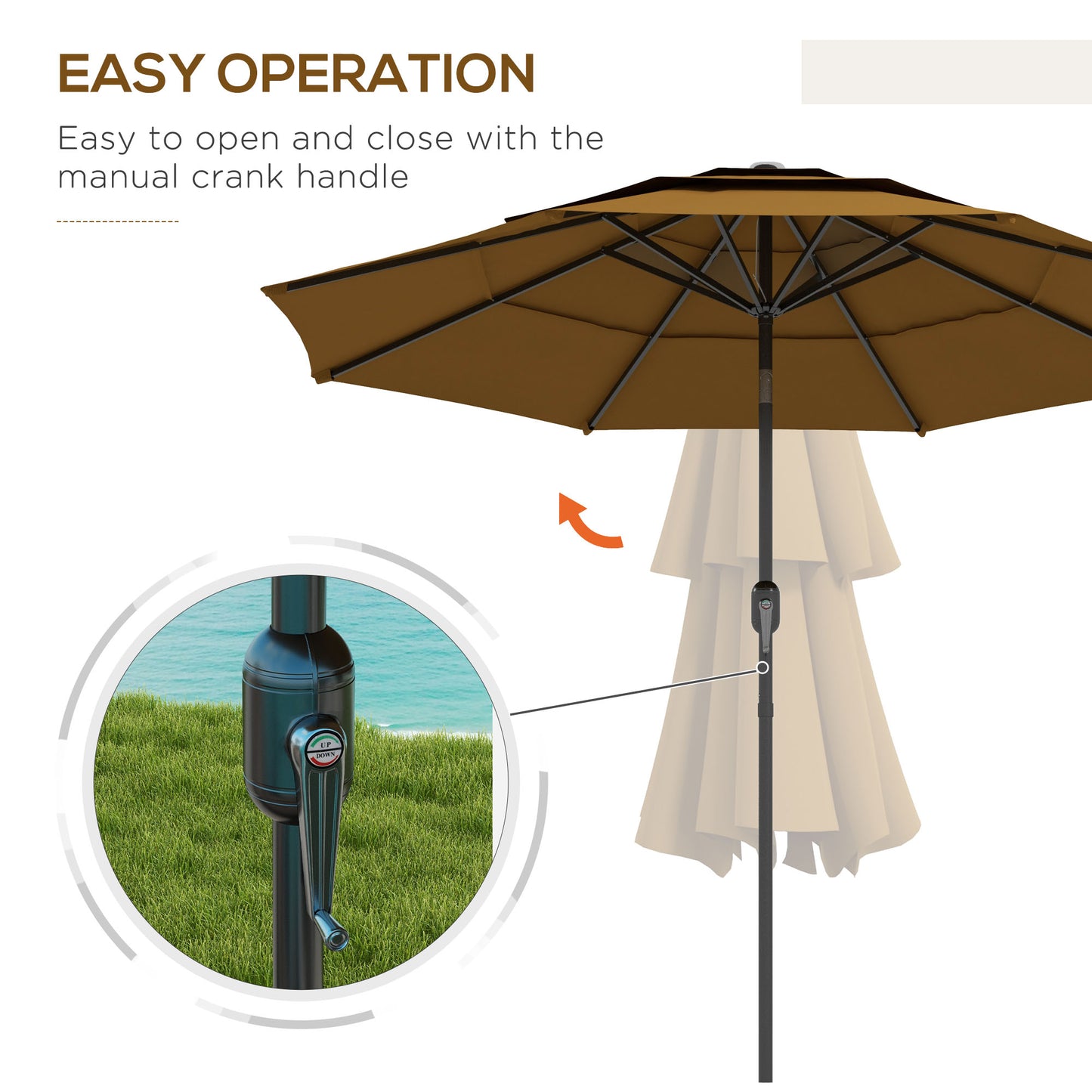 Brown patio umbrella with easytouse crank mechanism and metal pole
