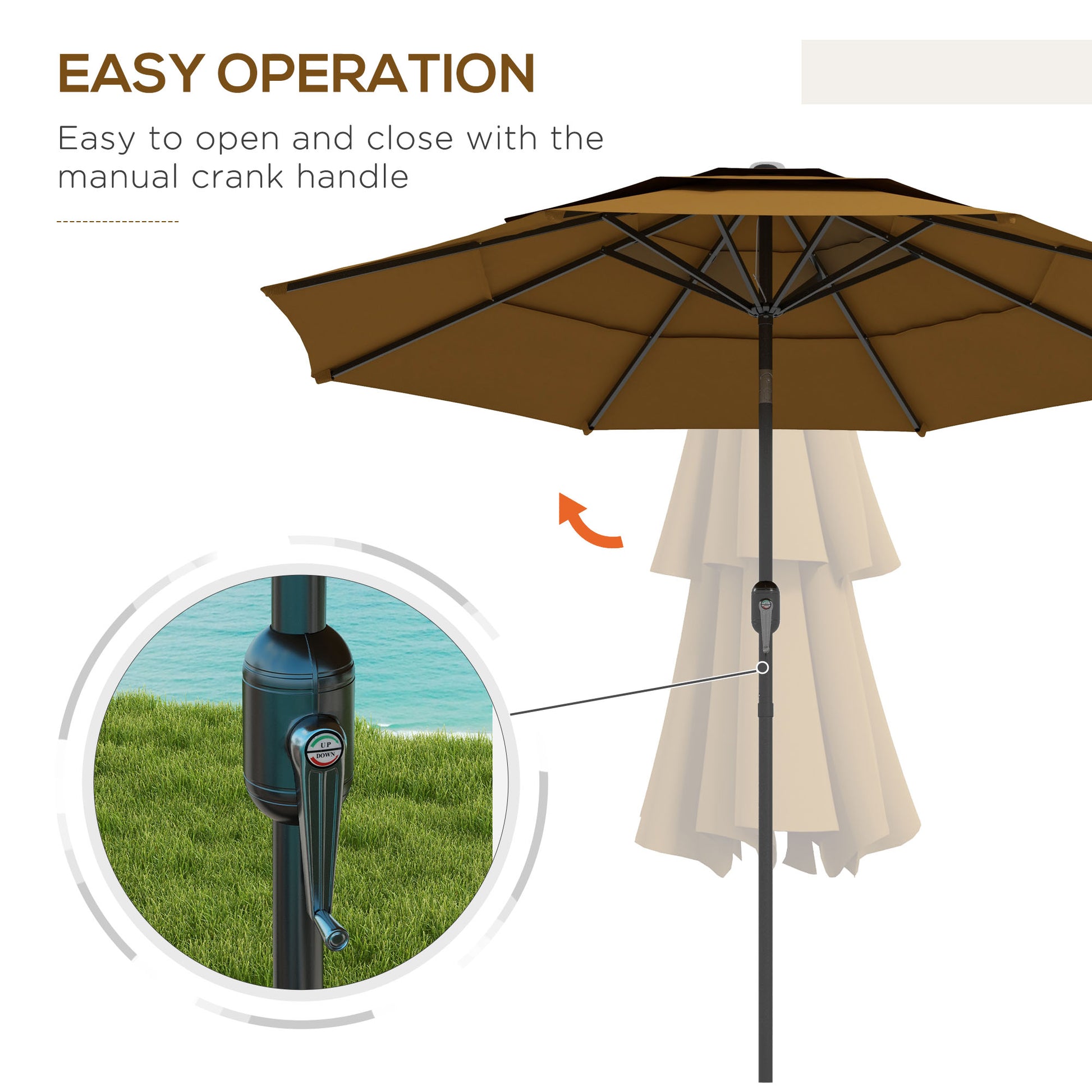 Brown patio umbrella with easytouse crank mechanism and metal pole