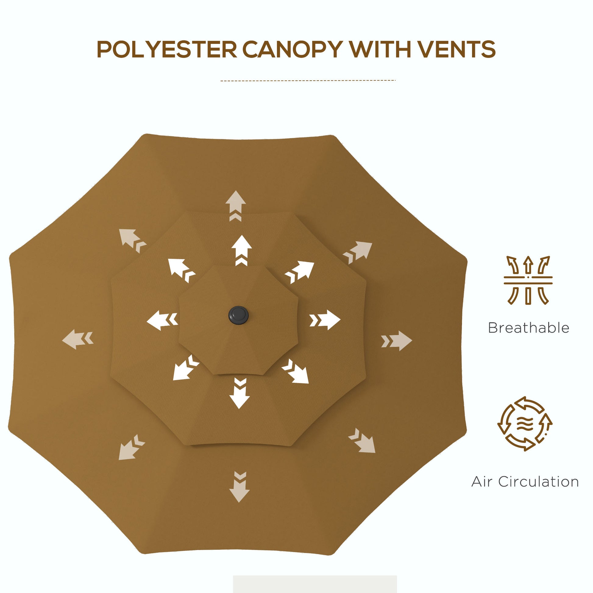 Brown polyester canopy with white arrows indicating airflow through vents