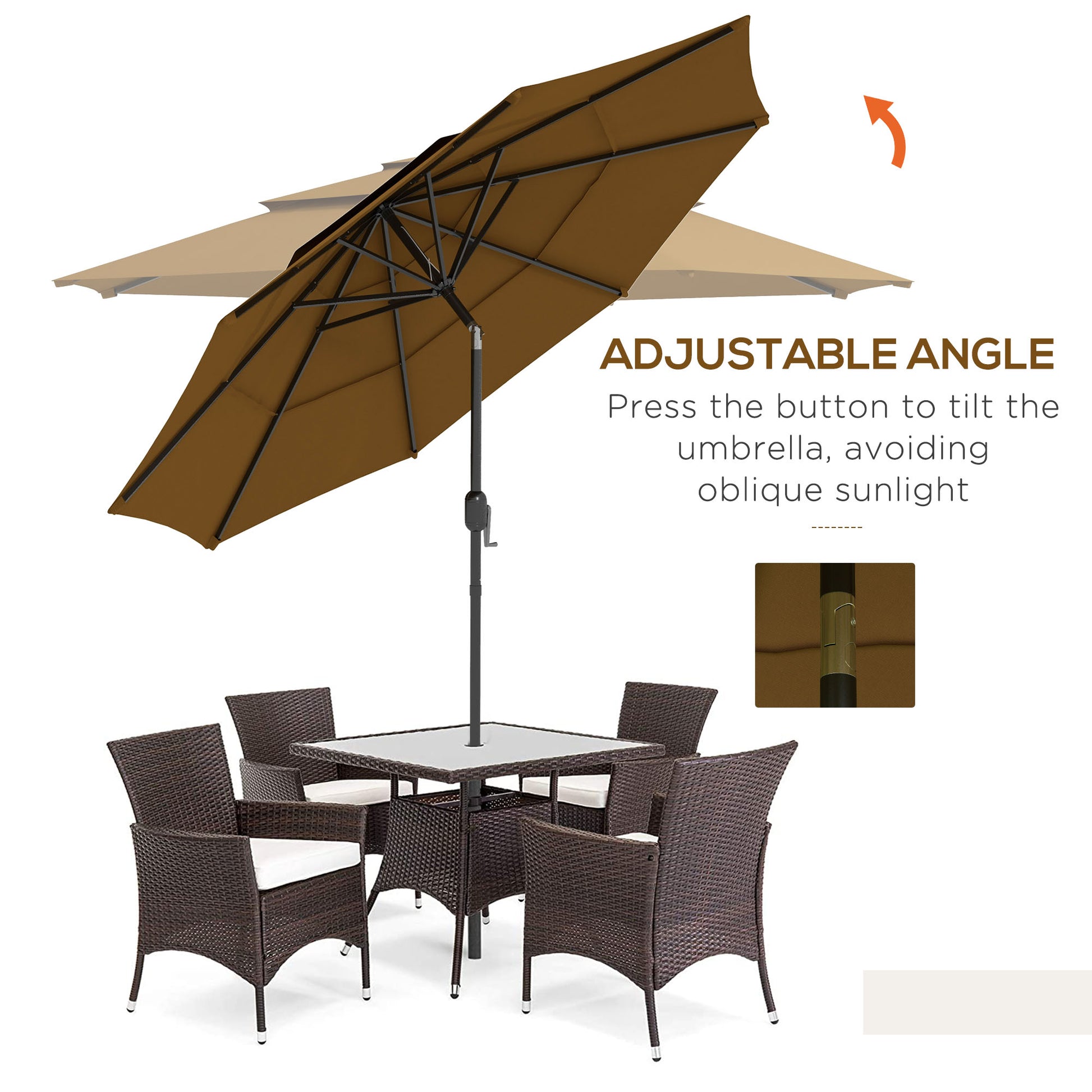 Brown patio umbrella with adjustable tilt mechanism over a wicker dining set