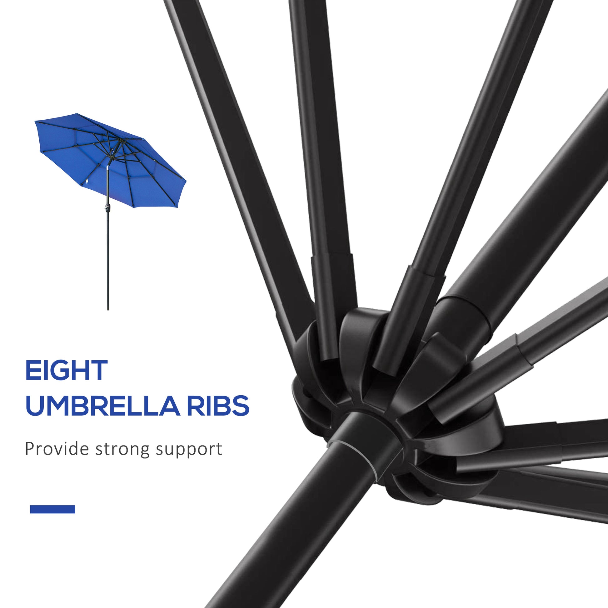Closeup of a black umbrella frame showing its eight robust ribs for strong support