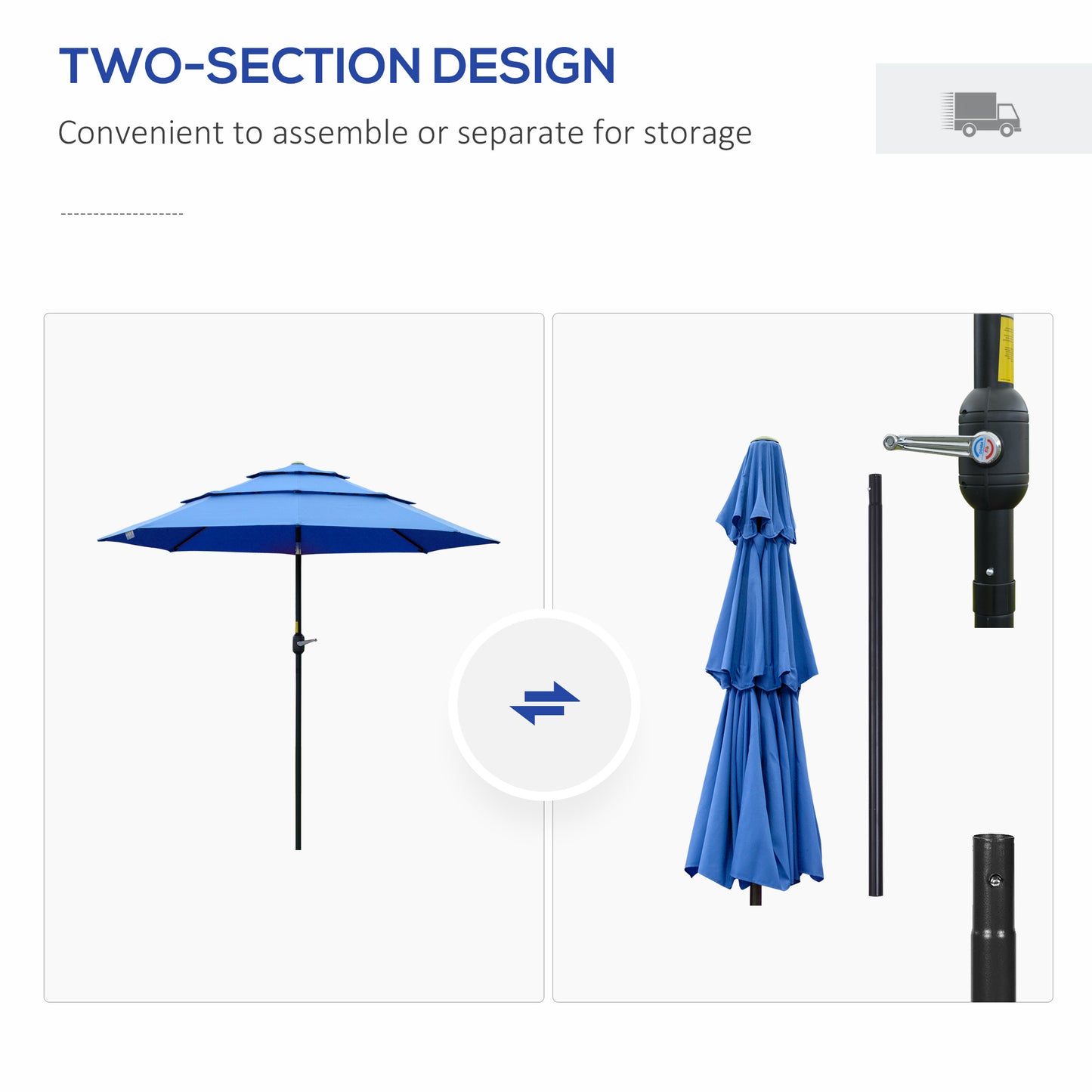 Blue patio umbrella with layered canopy and black pole
