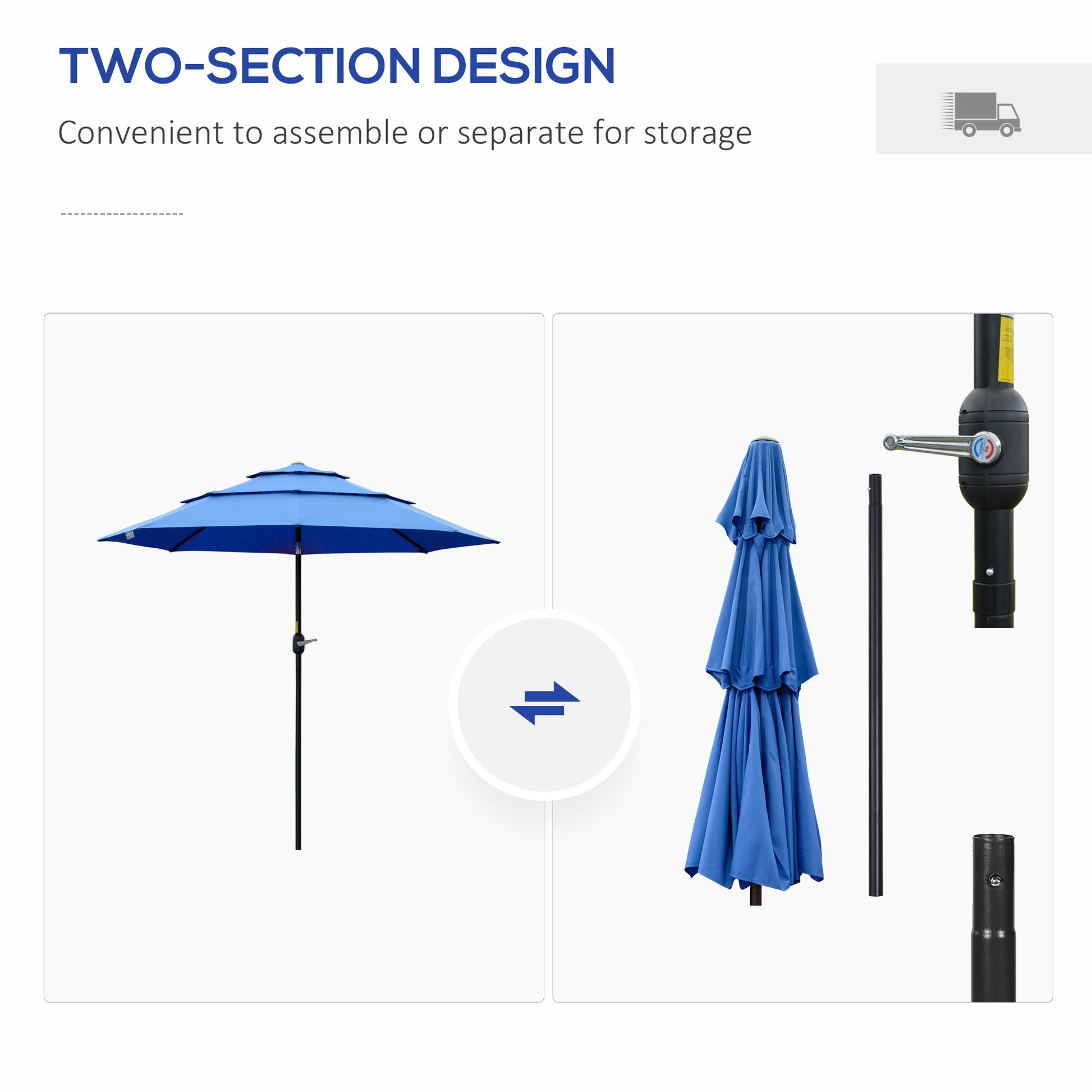 Blue patio umbrella with layered canopy and black pole