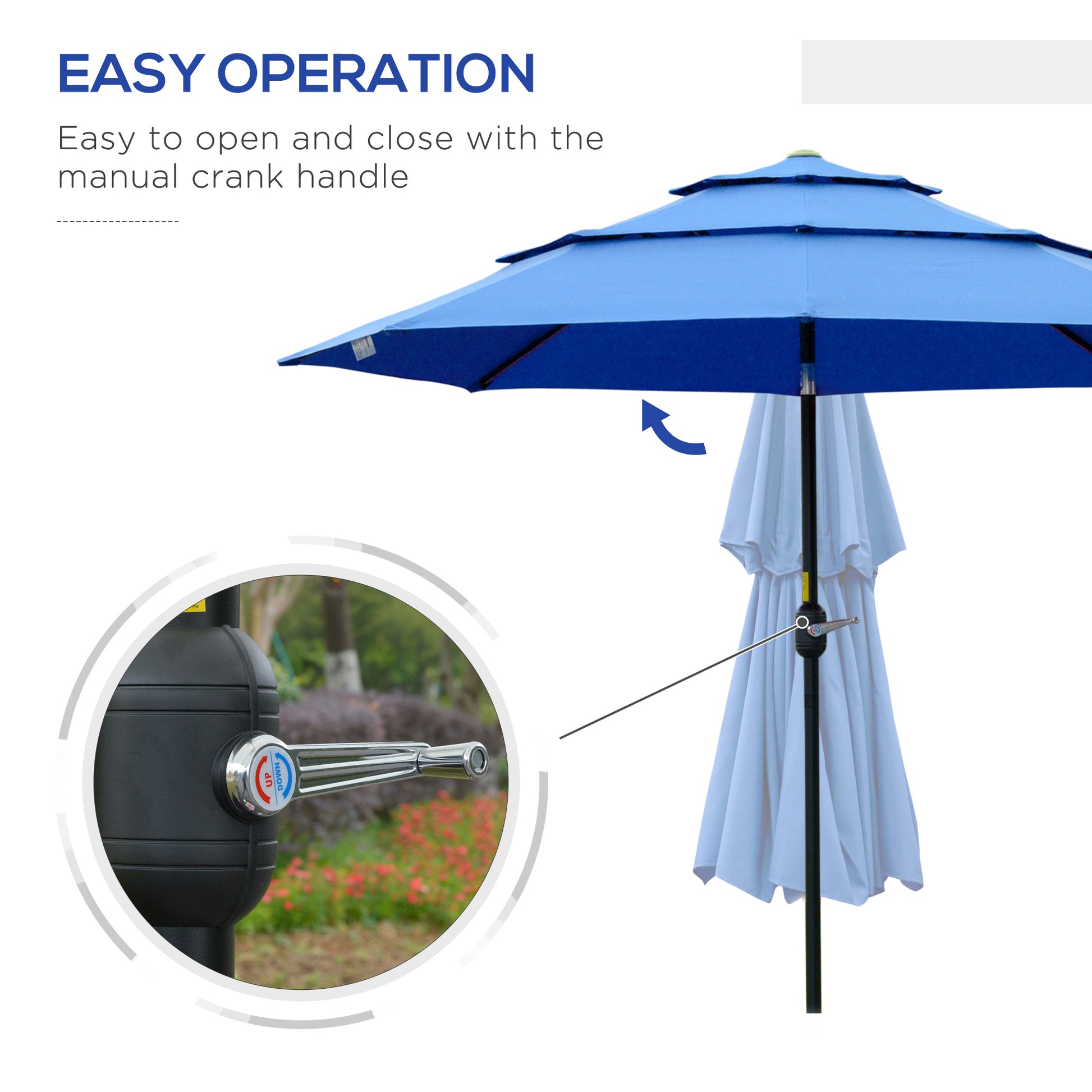 Blue patio umbrella with manual crank operation mechanism for easy opening and closing