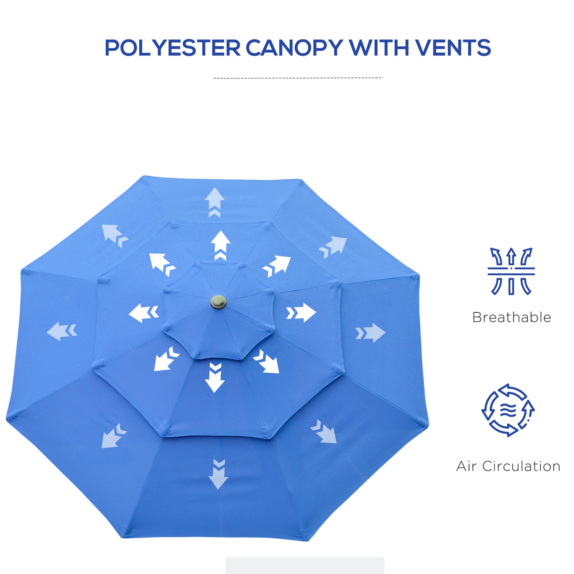Blue vented polyester patio umbrella canopy with airflow arrows