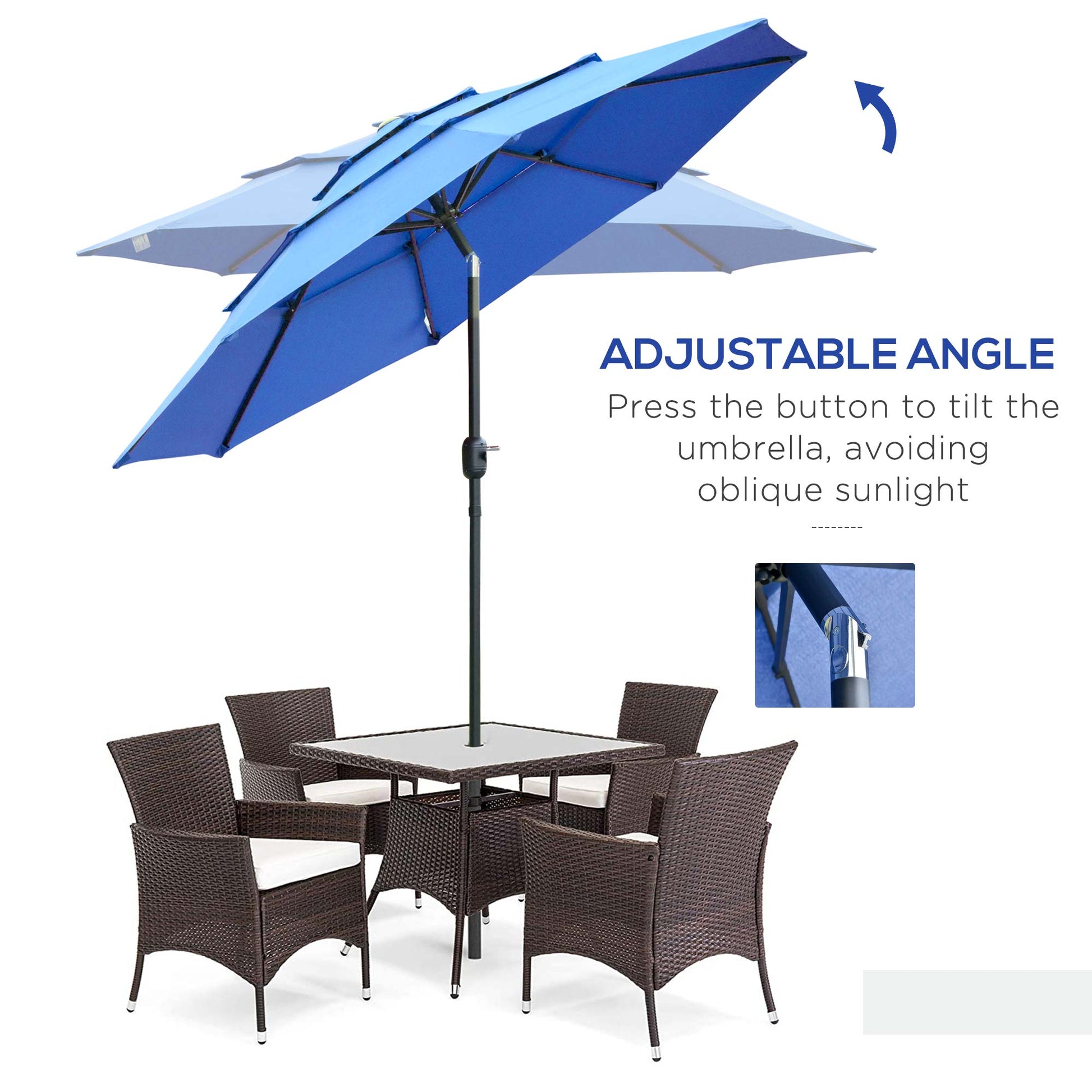 Blue patio umbrella tilted above wicker outdoor dining set with glass table and white cushions