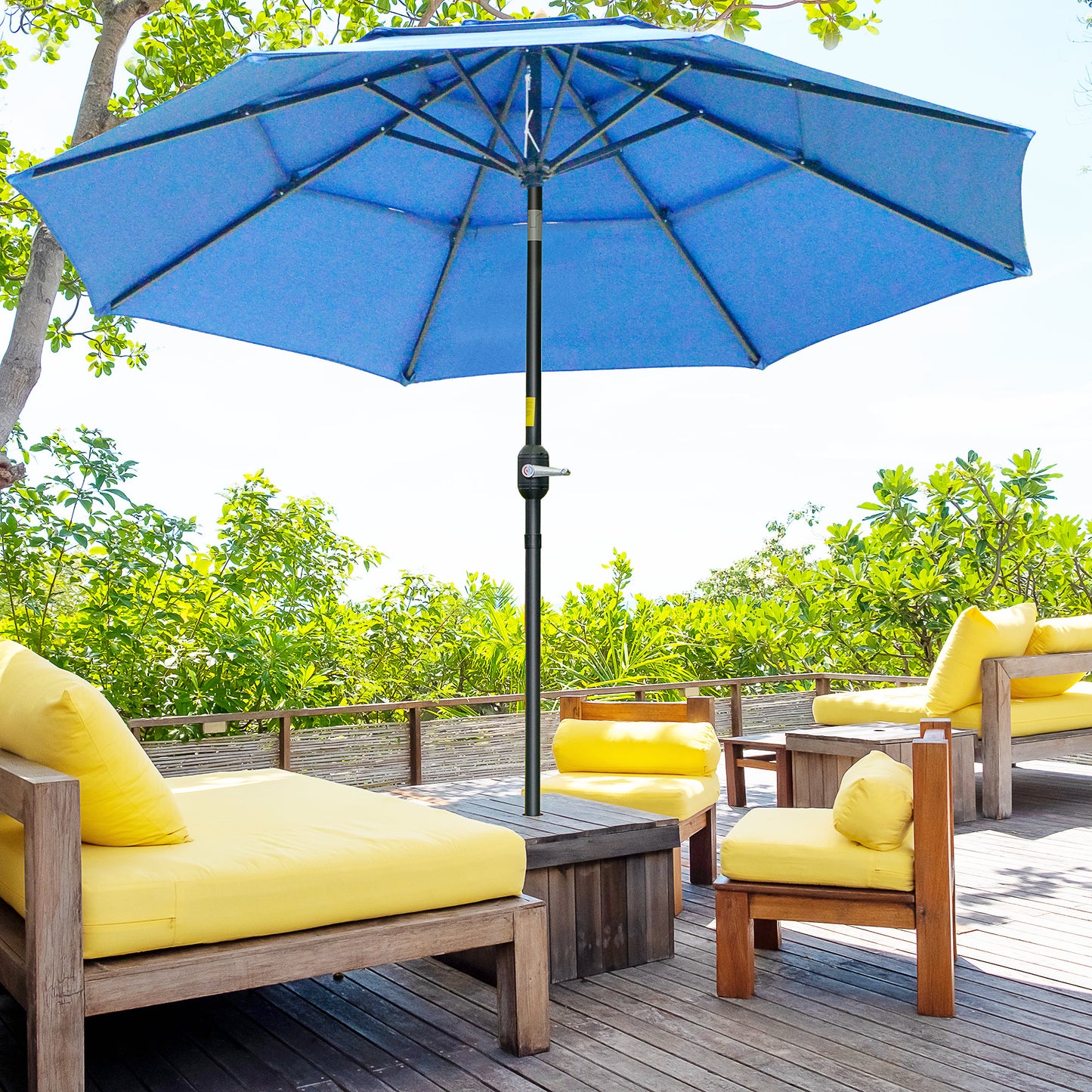 Deep blue patio umbrella with a crank lift mechanism for easy operation