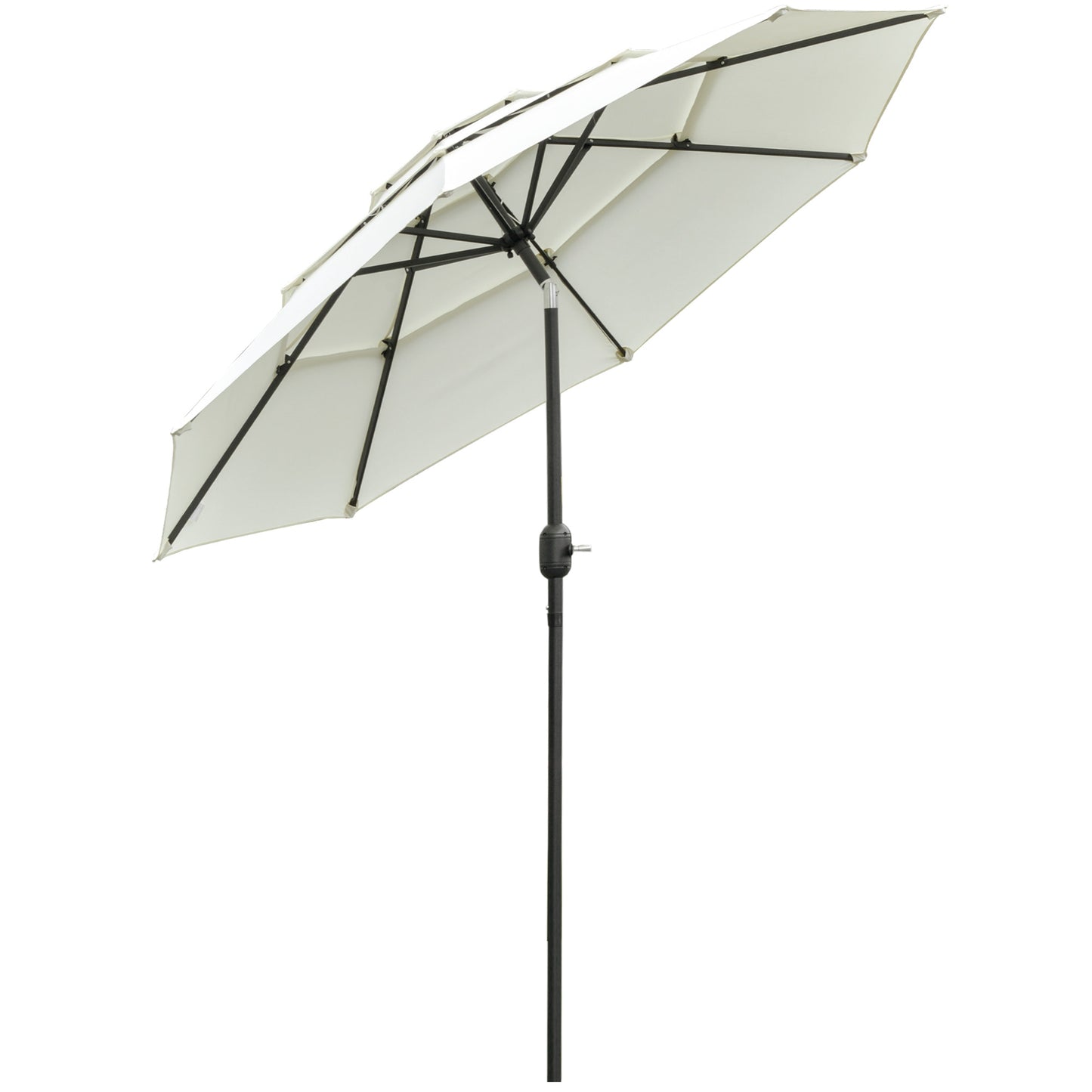 Cream patio umbrella with doubletiered canopy and black metal pole ideal for outdoor shade