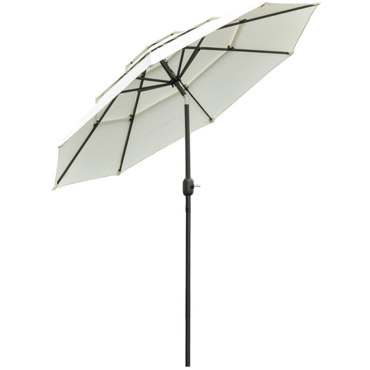 Cream patio umbrella with doubletiered canopy and black metal pole ideal for outdoor shade