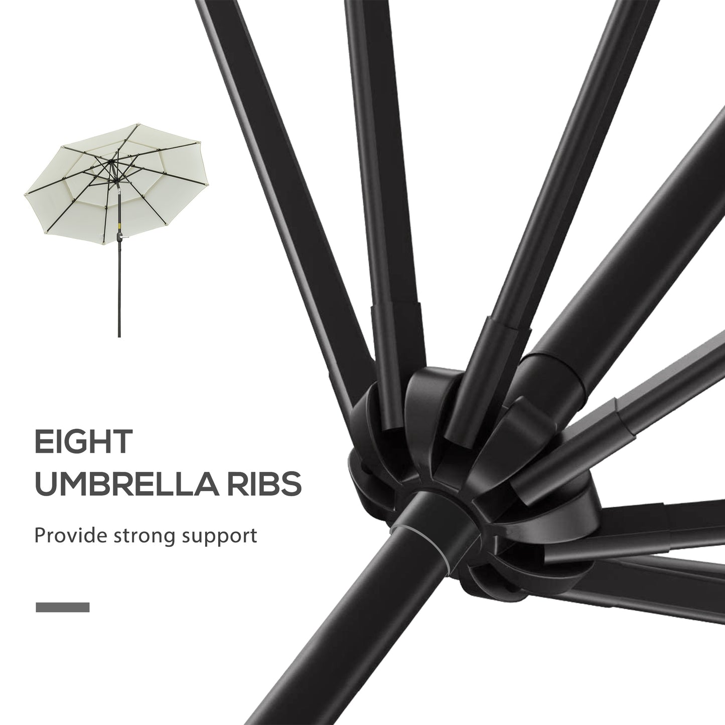 Closeup view of black umbrella frame with eight sturdy ribs for outdoor patio shade