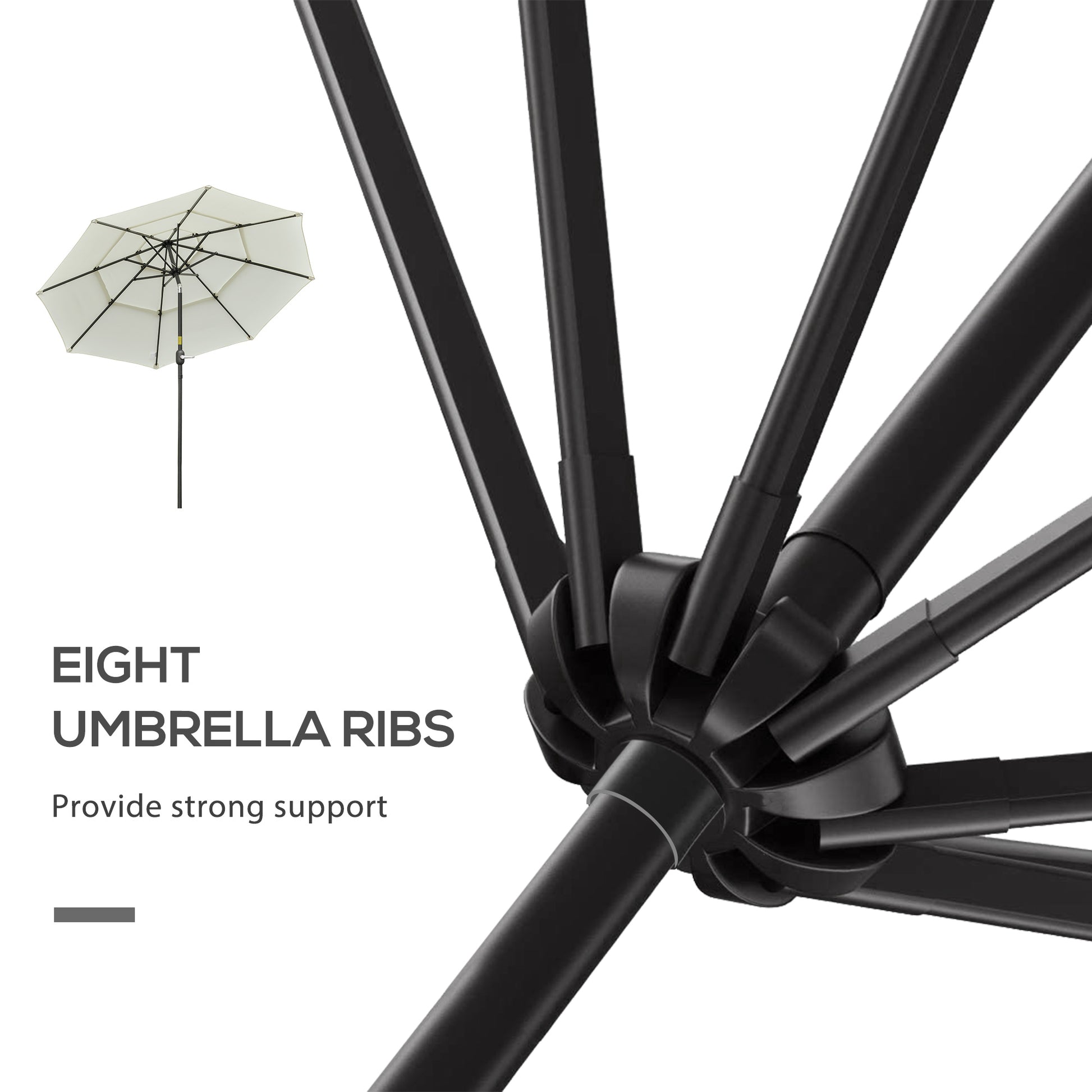 Closeup view of black umbrella frame with eight sturdy ribs for outdoor patio shade
