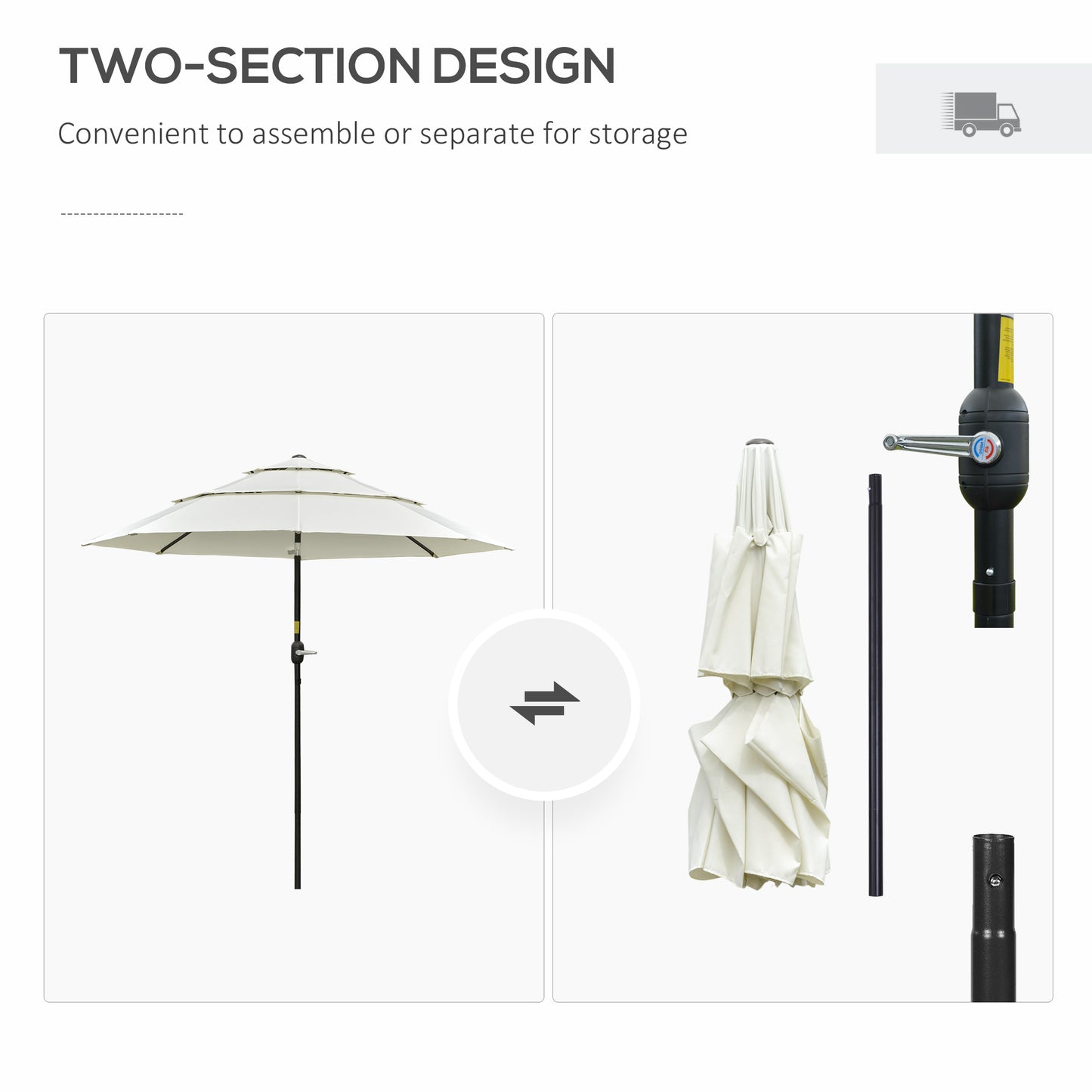 Cream patio umbrella with tiered canopy and black pole featuring a twosection design for assembly