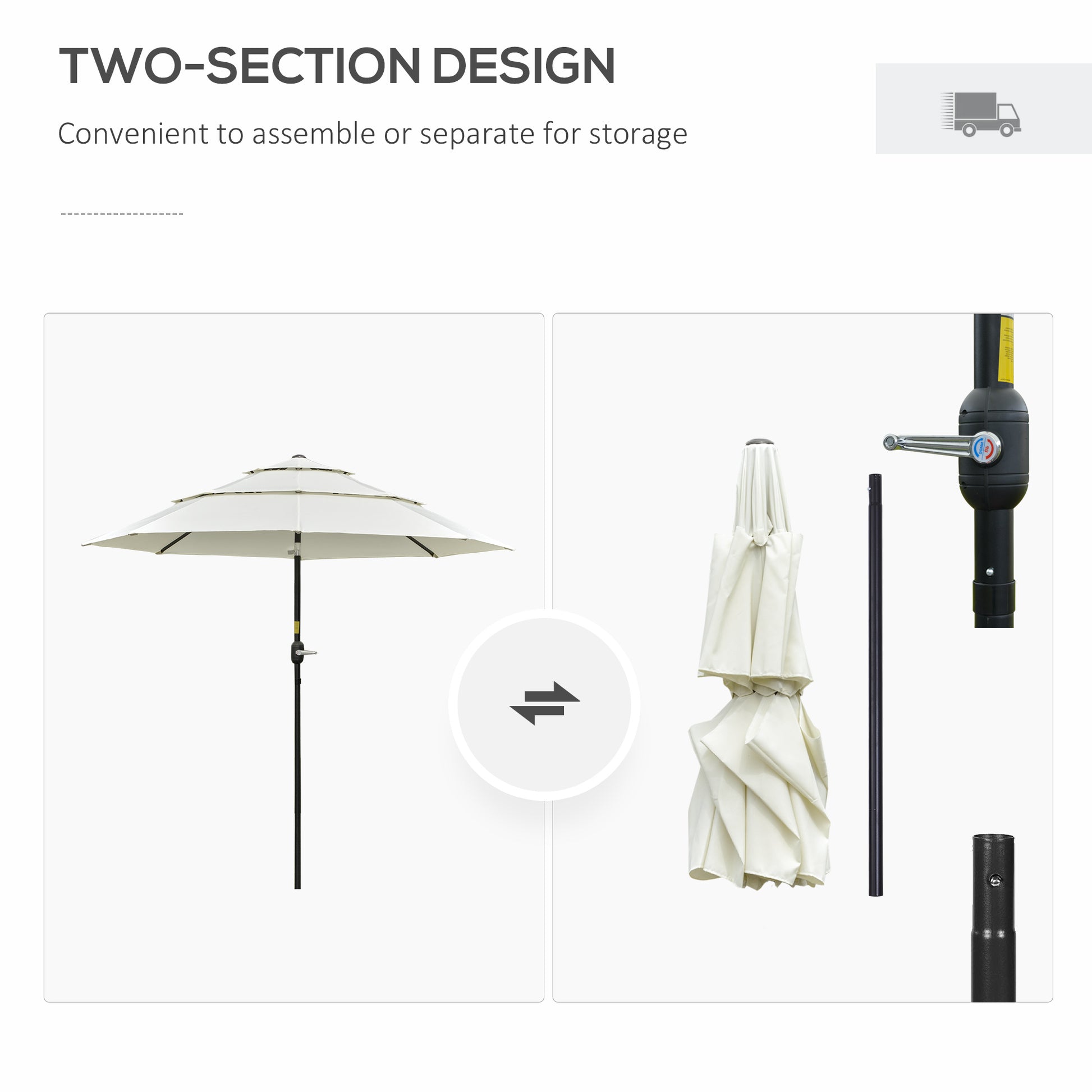 Cream patio umbrella with tiered canopy and black pole featuring a twosection design for assembly