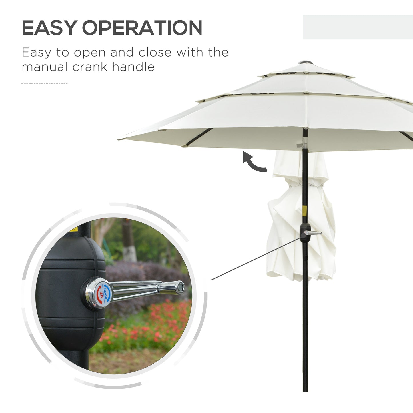 White patio umbrella with tiered canopy and manual crank operation
