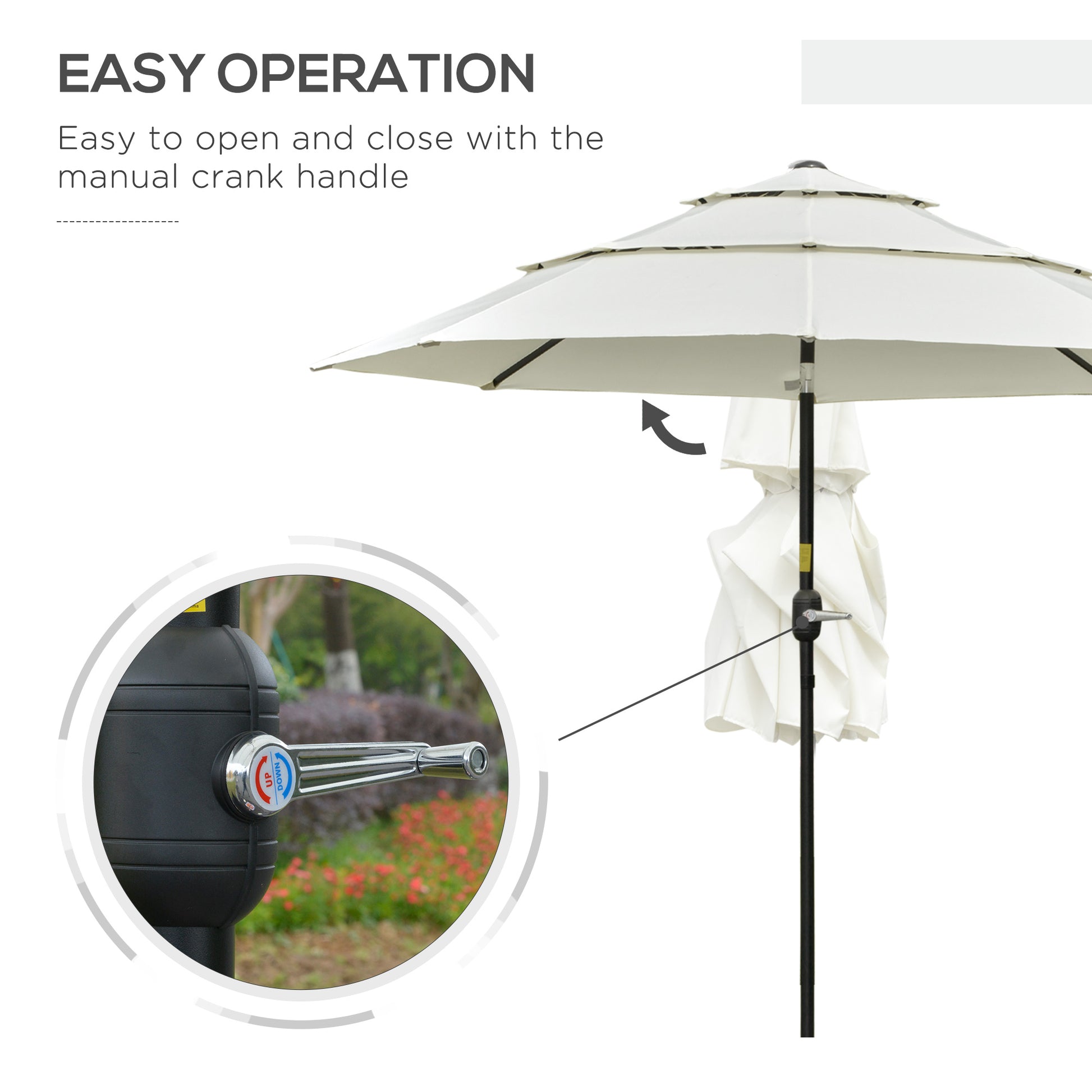 White patio umbrella with tiered canopy and manual crank operation