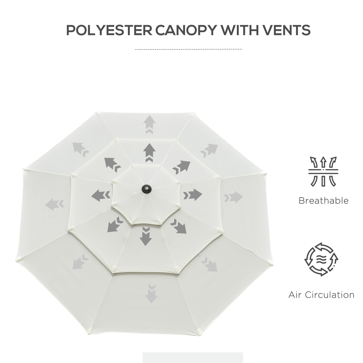 Cream polyester patio umbrella canopy with ventilation arrows for air circulation