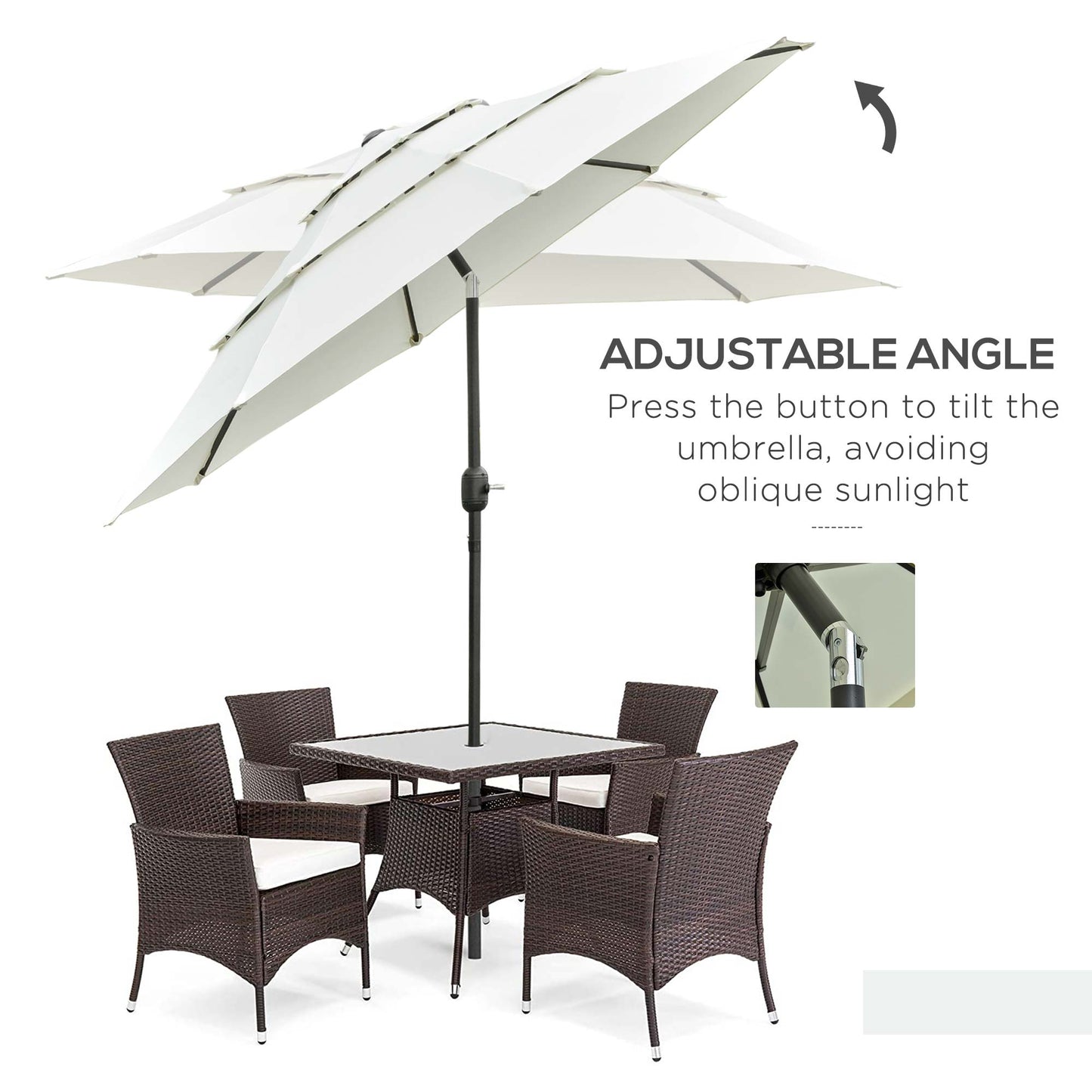 White tiered patio umbrella over brown wicker dining set with glass table