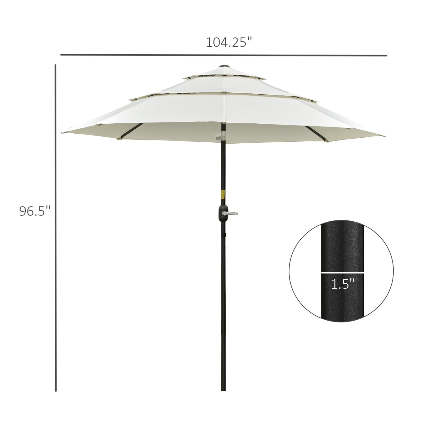 Tiered patio umbrella in offwhite fabric with black pole and crank mechanism