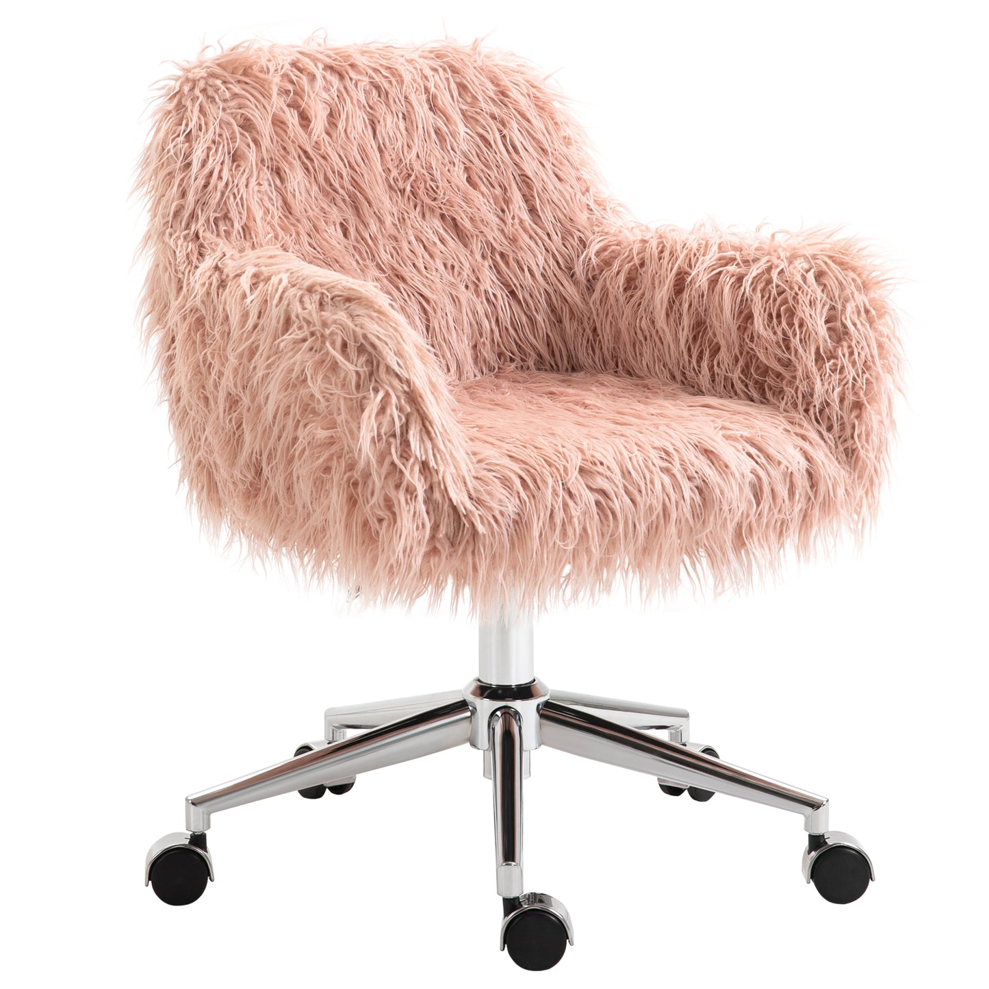 Plush pink faux fur accent chair with chrome base and casters for a stylish desk
