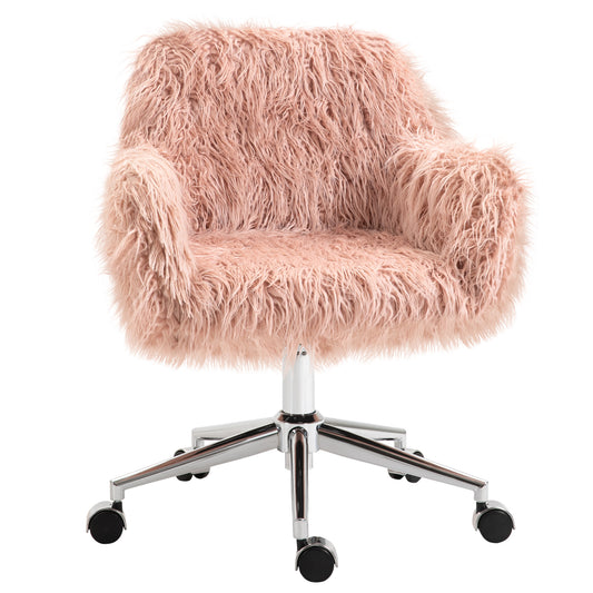 Plush pink faux fur office chair with adjustable height and rolling casters for comfort