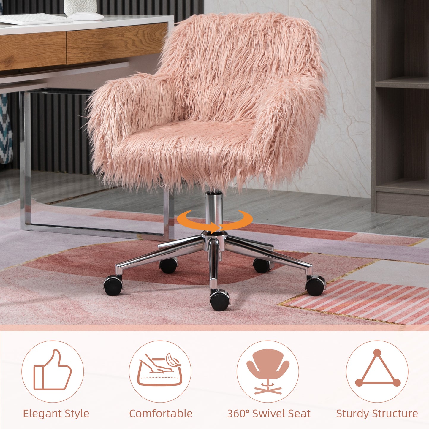 Pink fluffy desk chair with chrome base and wheels ideal for a vanity or office