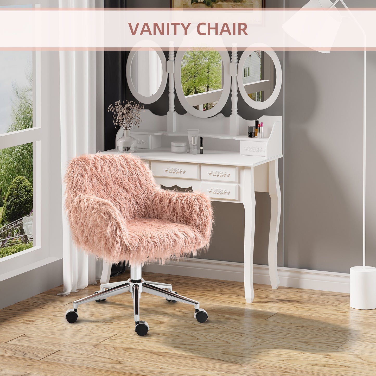 Plush pink faux fur vanity chair with chrome base and wheels