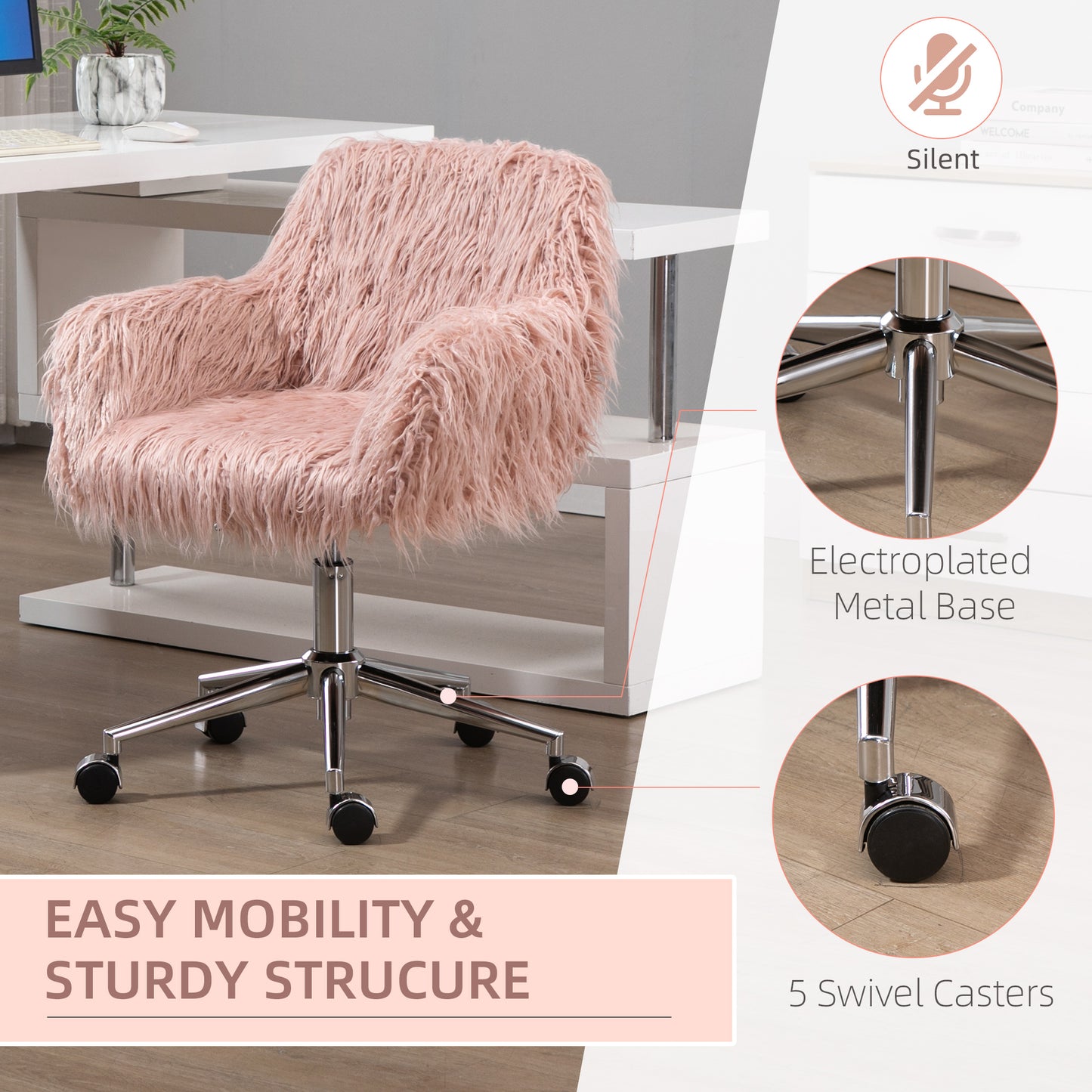 Plush pink faux fur desk chair with chrome base and wheels