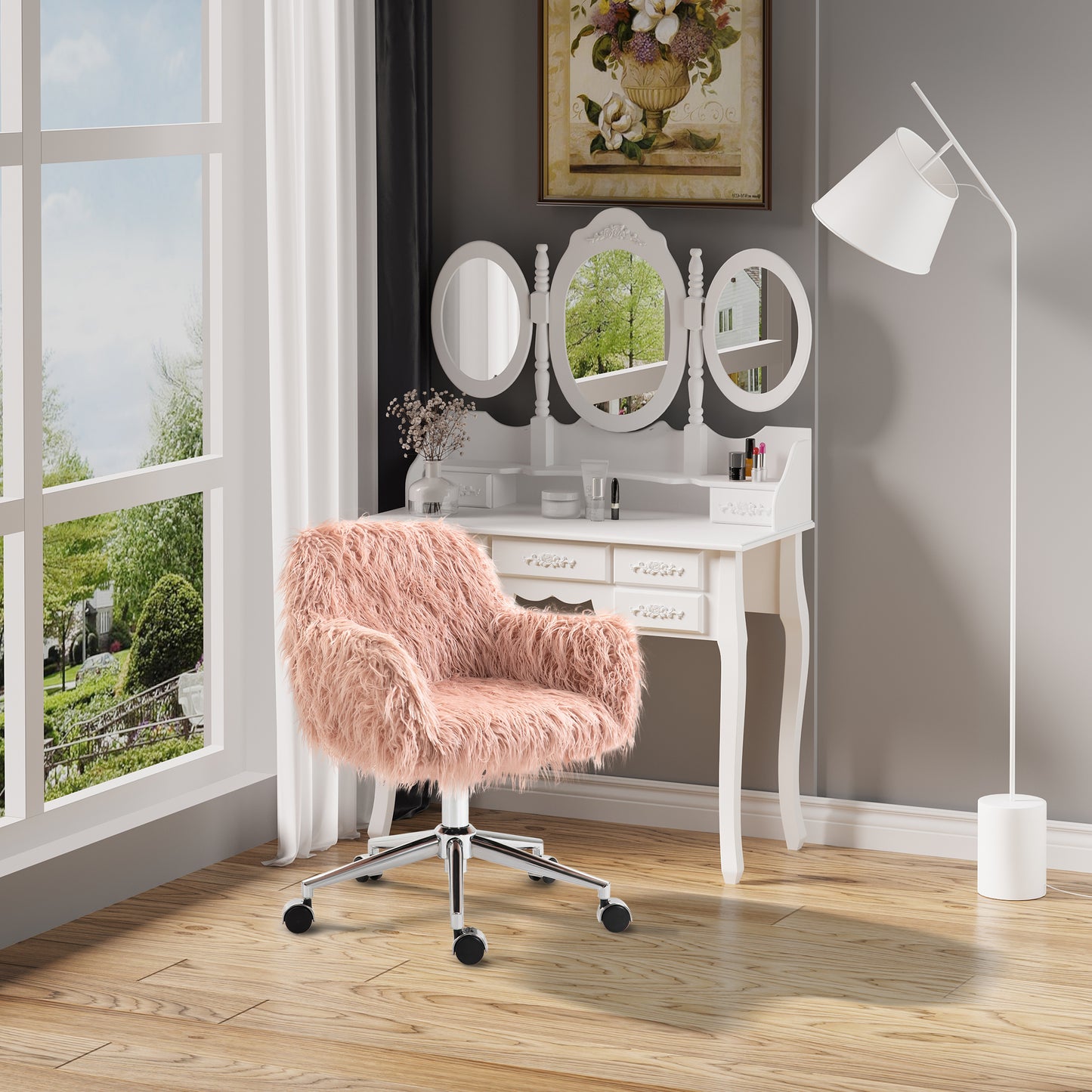 Plush pink accent chair with chrome base and wheels perfect for vanity or desk use