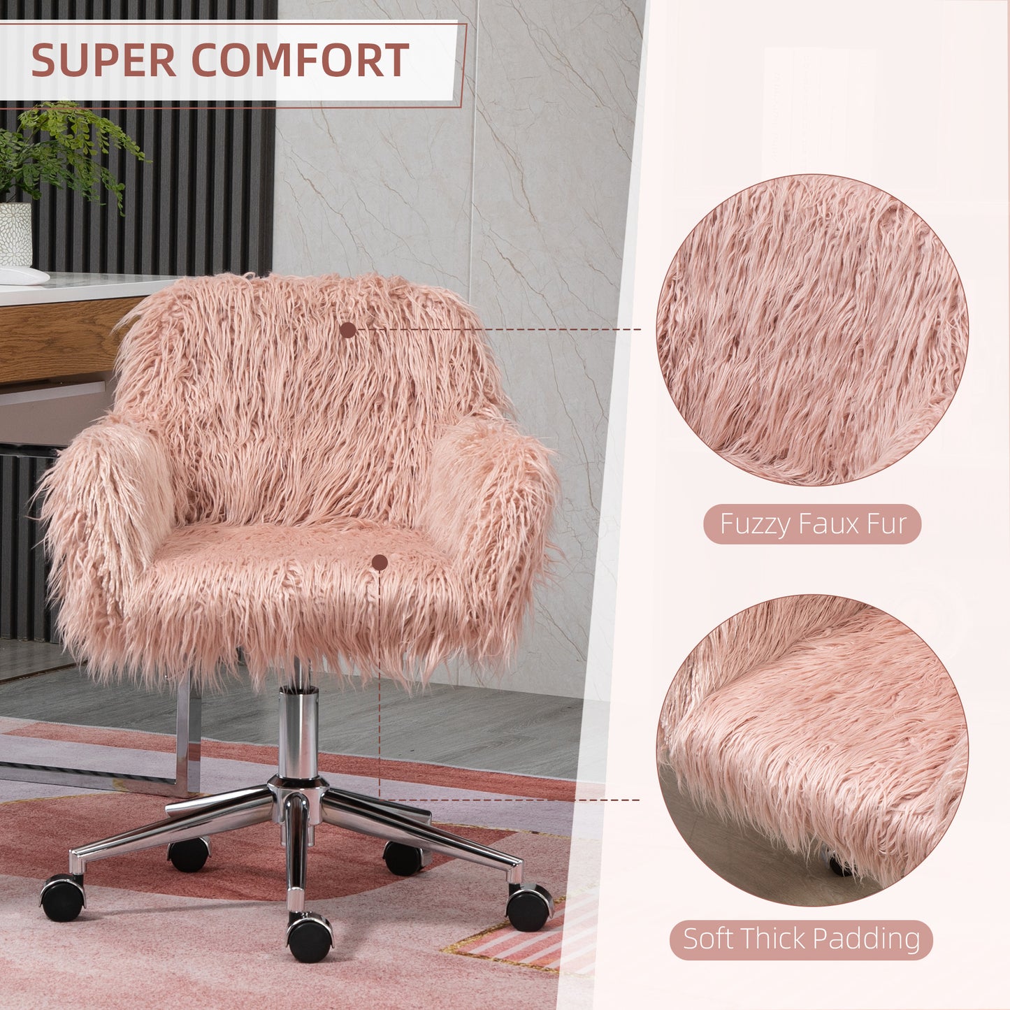 Pink fuzzy faux fur swivel desk chair with chrome base and wheels