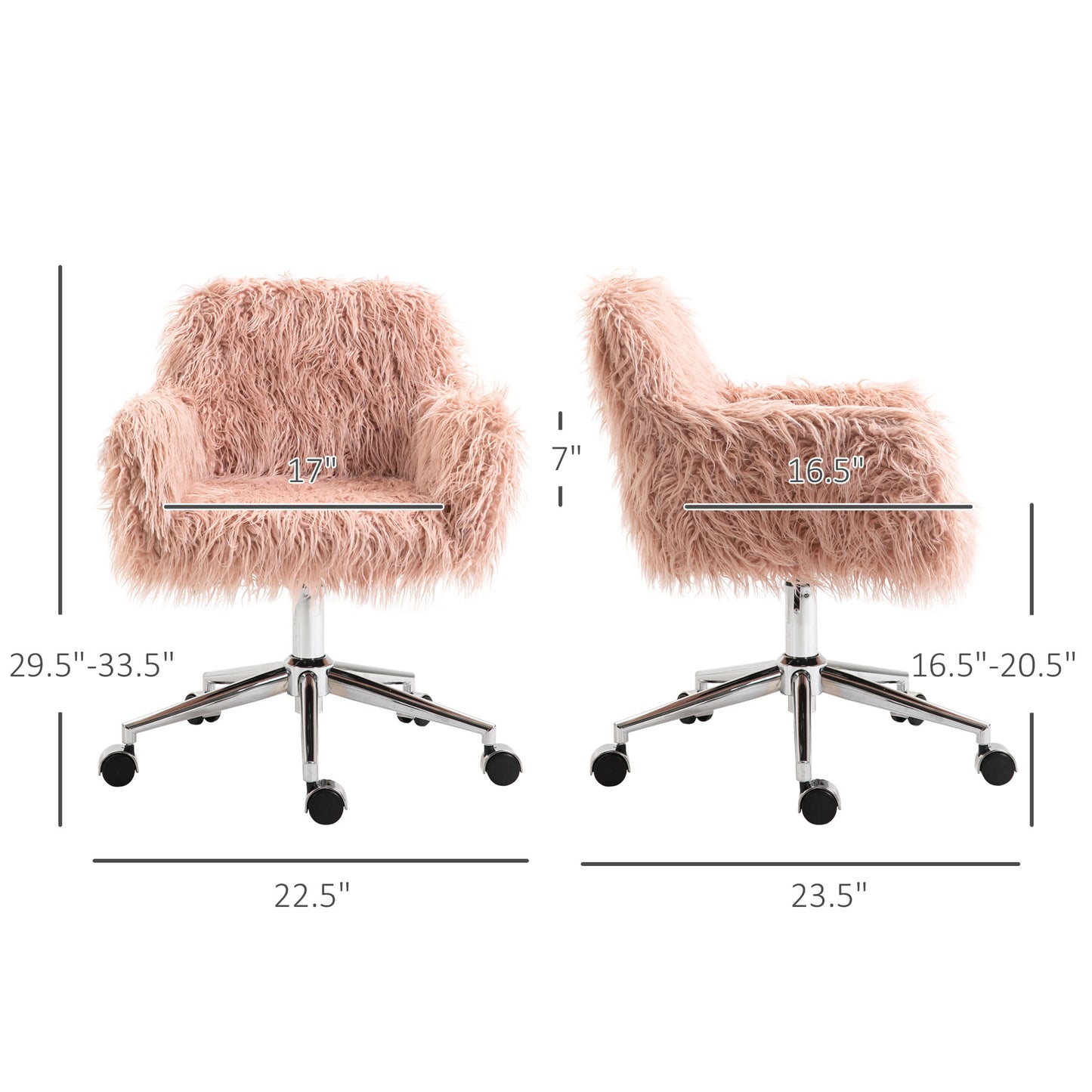 Pink fluffy office chair with chrome base adjustable height for a stylish desk setup