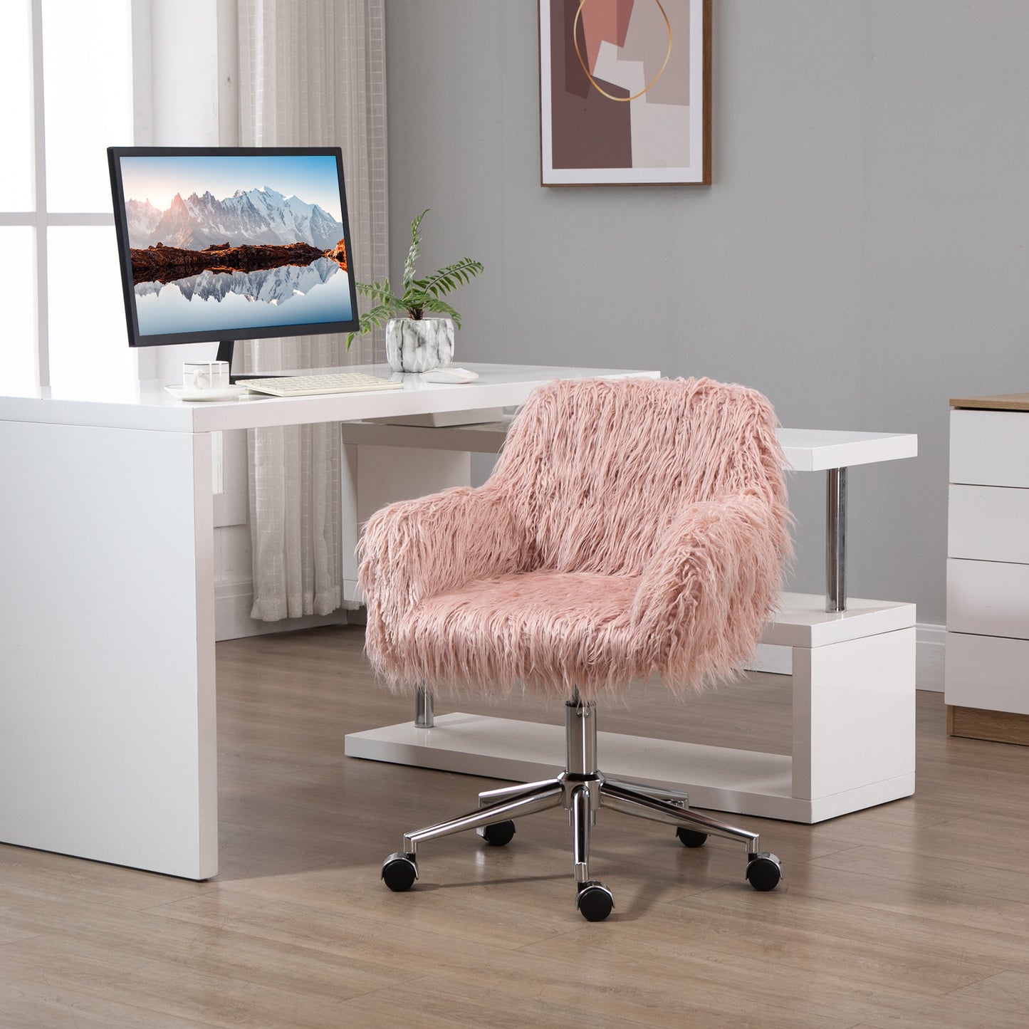 Plush pink faux fur office chair with chrome base and wheels