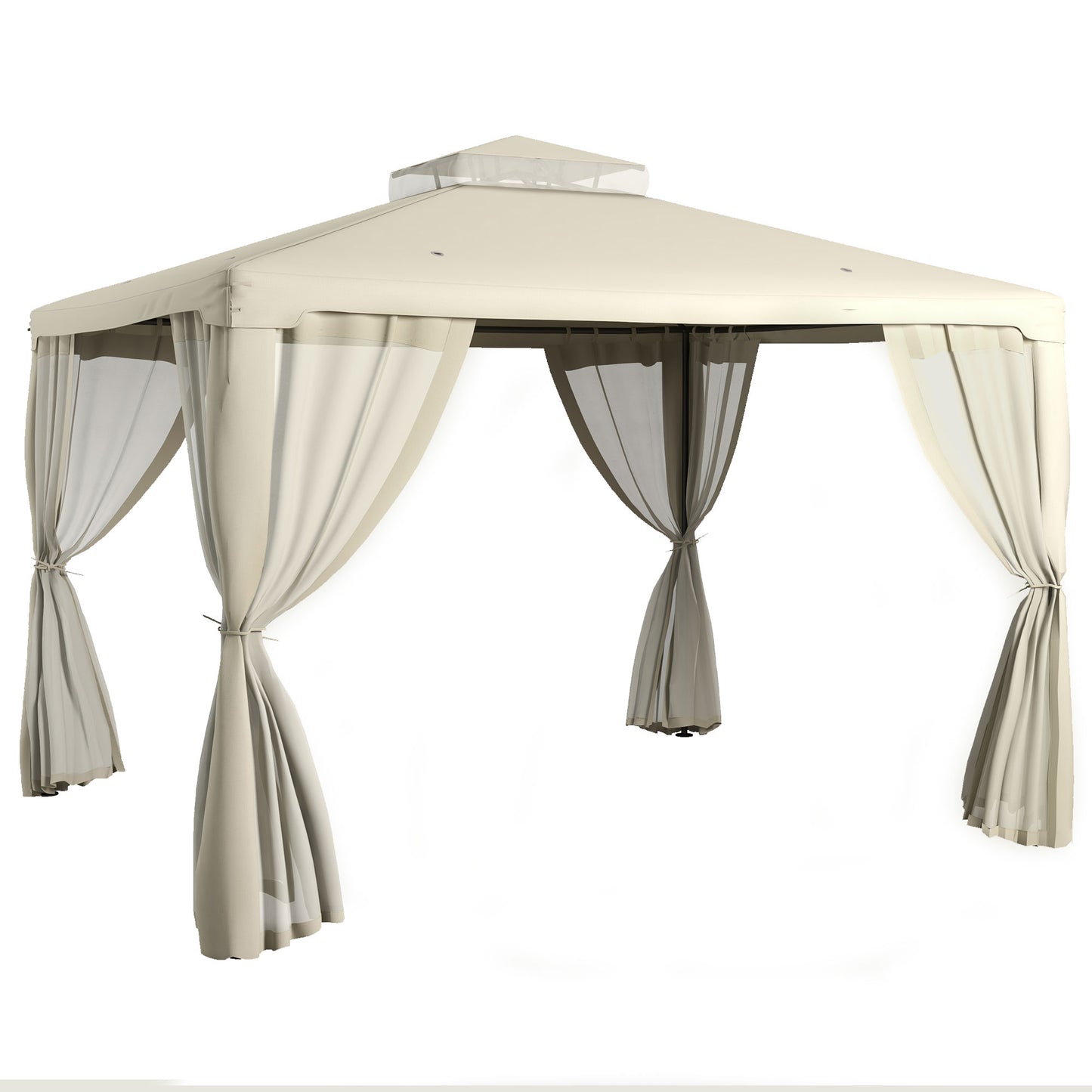 Beige rectangular gazebo with beige and charcoal sheer curtains ideal for patio use