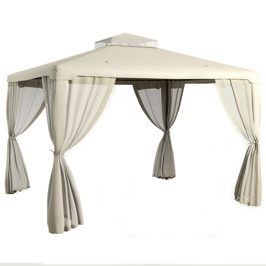 Beige rectangular gazebo with beige and charcoal sheer curtains ideal for patio use