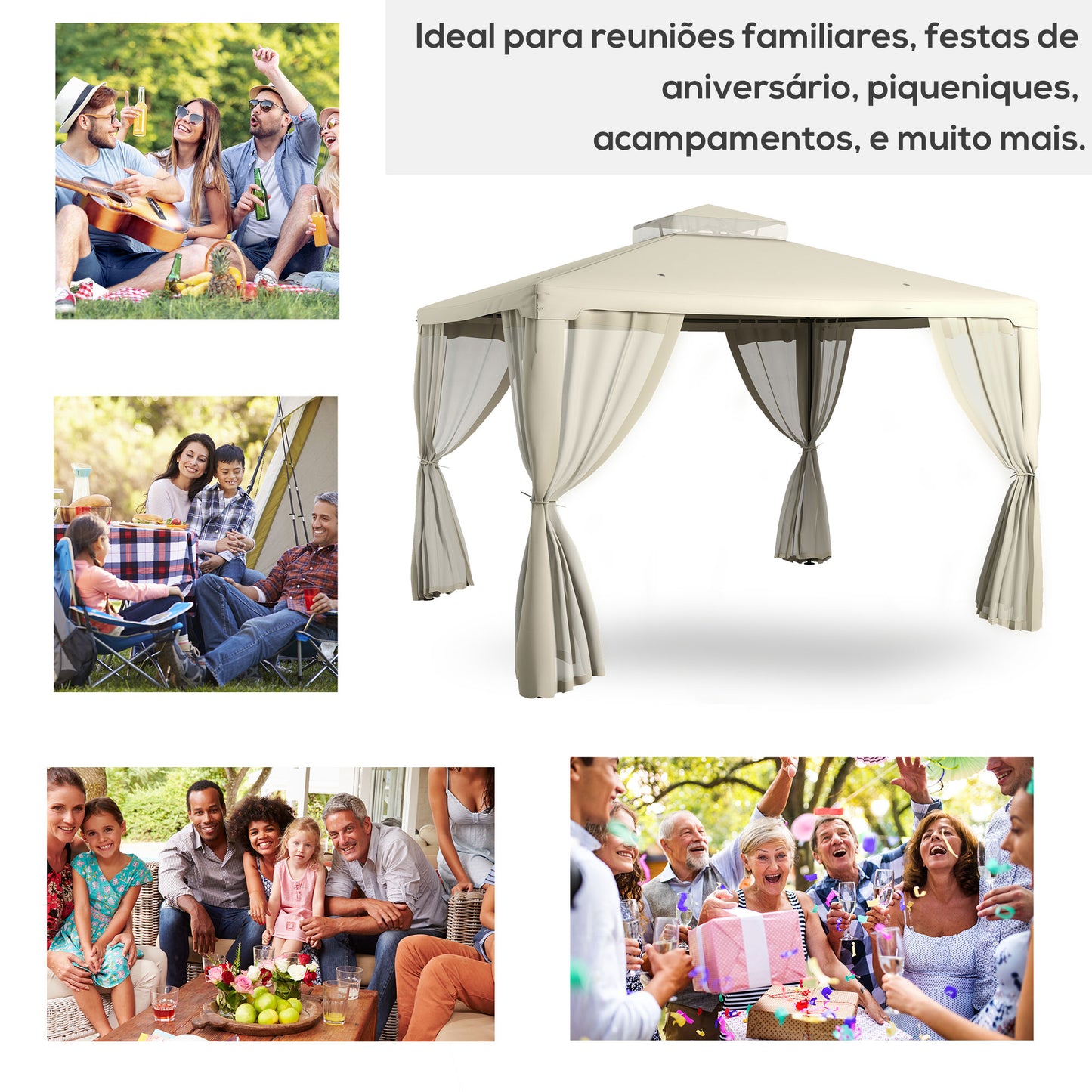 Cream colored gazebo with sheer curtains ideal for outdoor events and picnics
