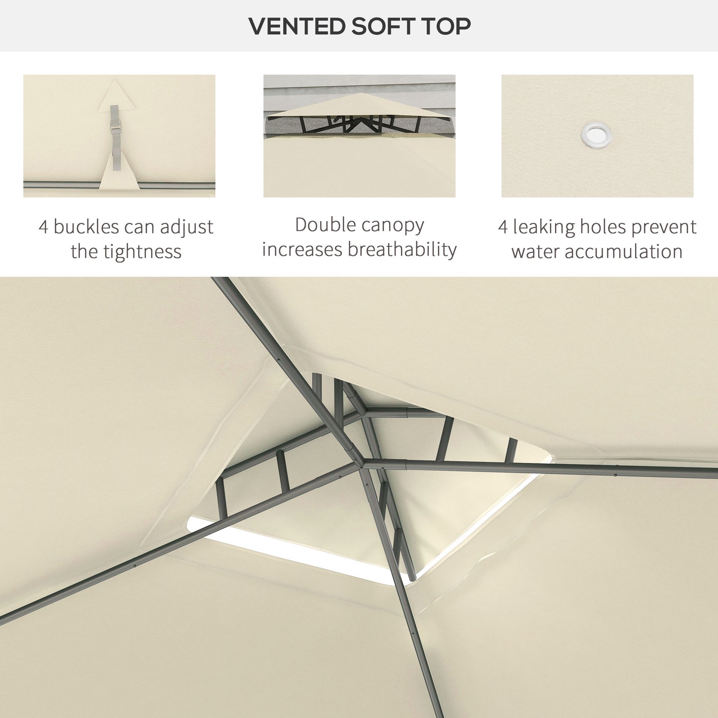 Cream vented soft top with adjustable buckles for secure fit