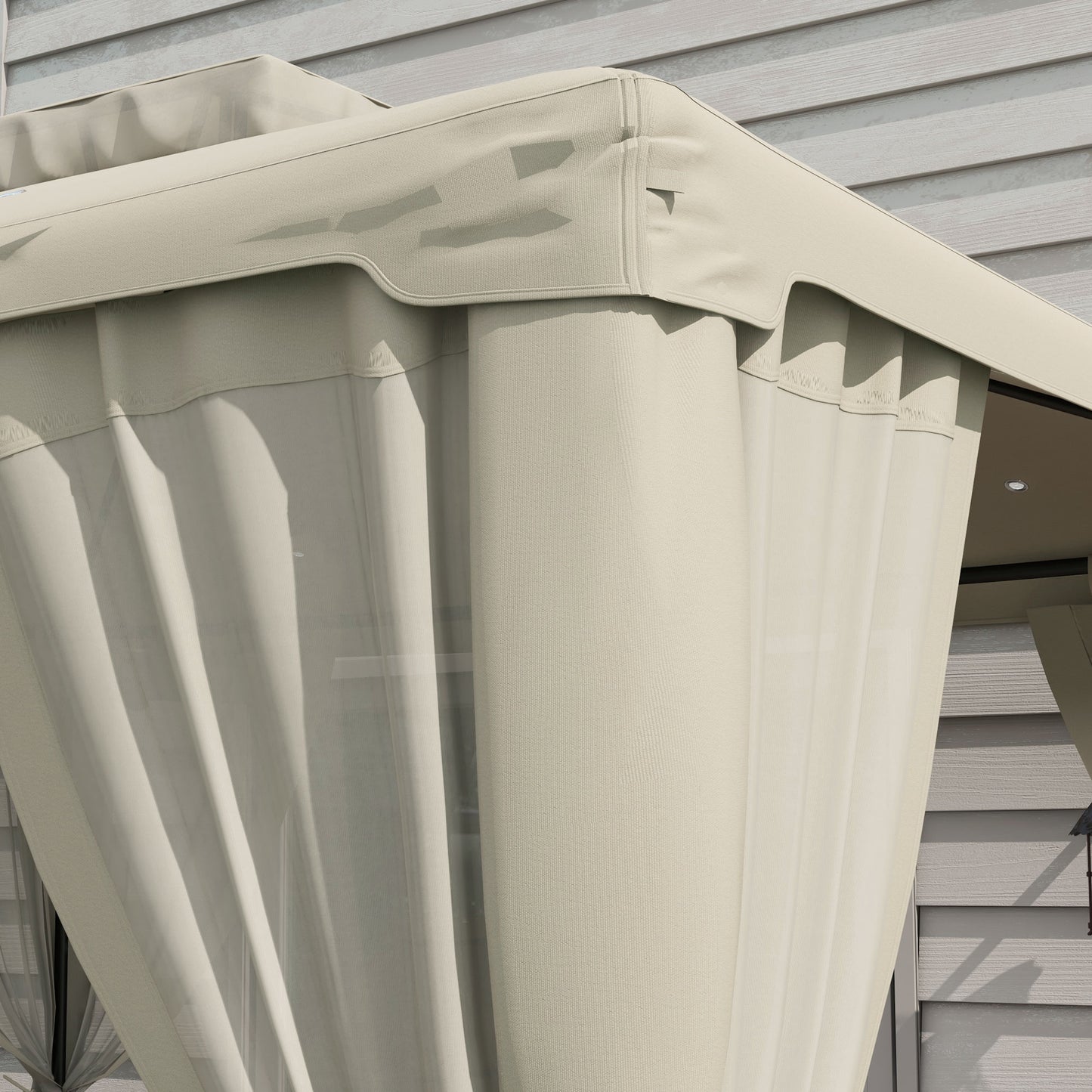 Cream outdoor gazebo curtains with sheer fabric panels for privacy and shade