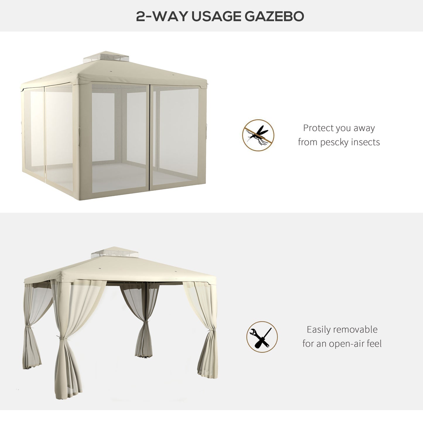 Beige way usage outdoor gazebo with mesh screens for insect protection