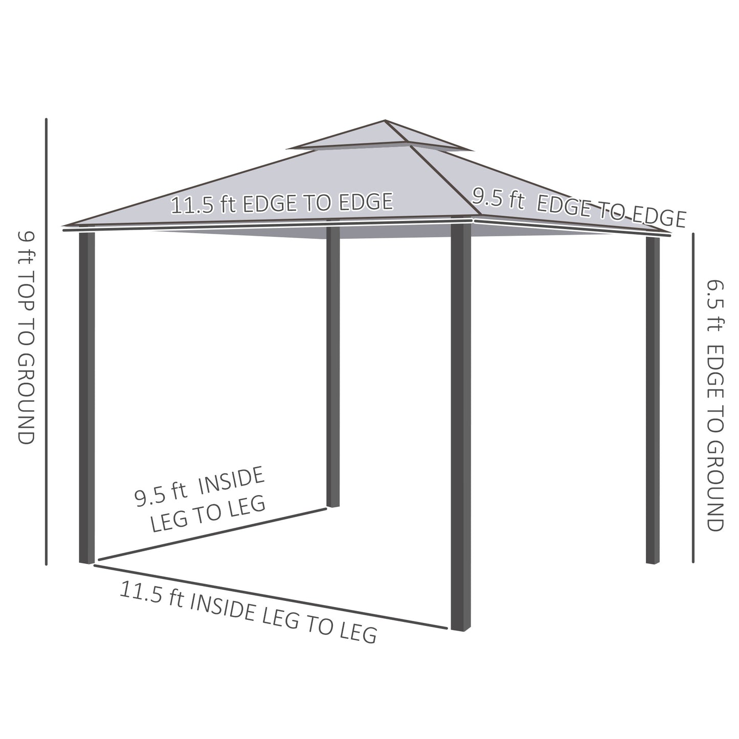 Diagram of a gray gazebo showing dimensions  ft height  ft edge to edge  ft inside leg to leg