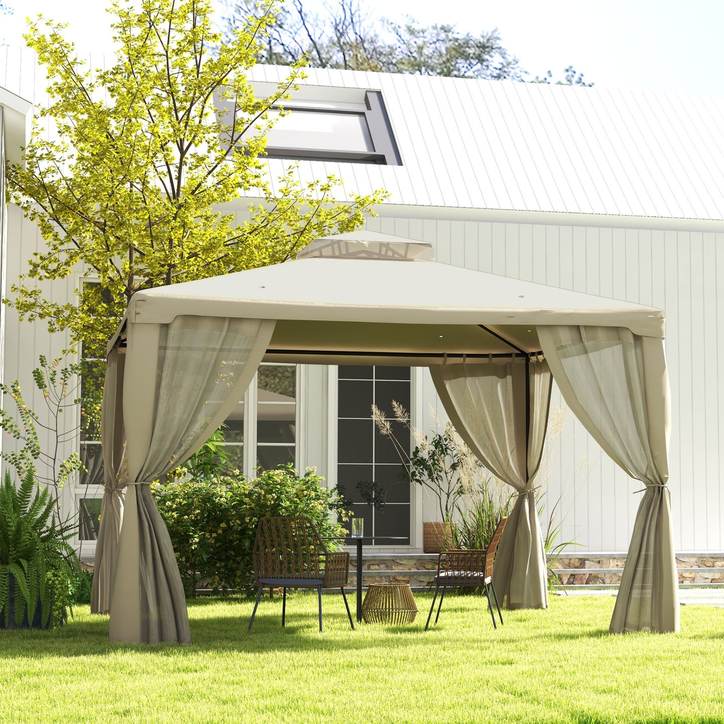 Beige outdoor gazebo with draped curtains and seating area for patio relaxation