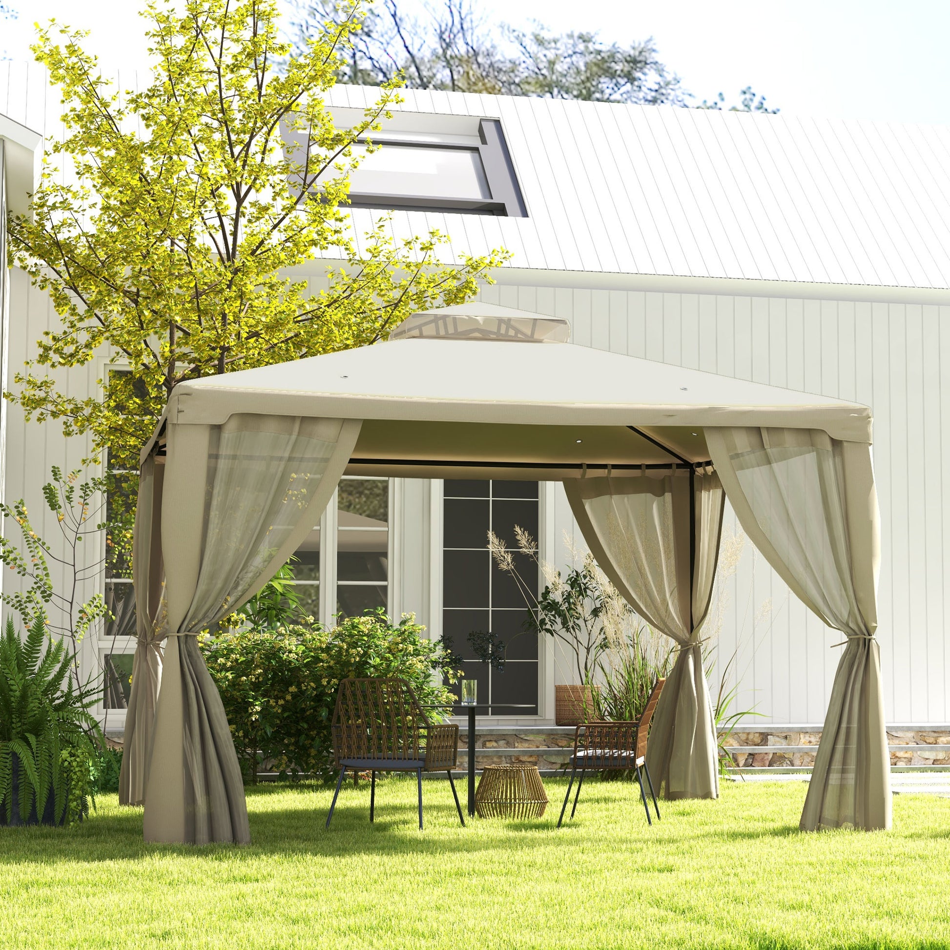 Beige outdoor gazebo with draped curtains and seating area for patio relaxation