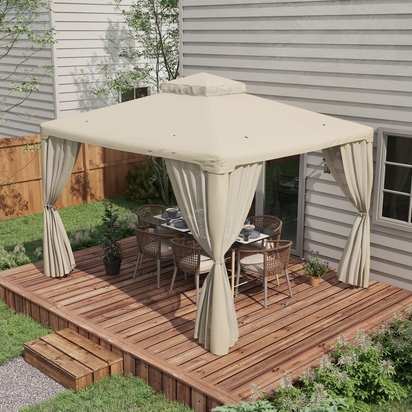 Beige gazebo with curtains and patio dining set on wooden deck