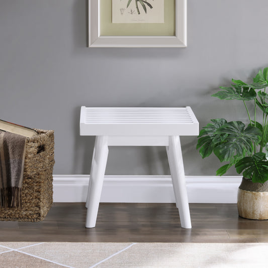 White modern wooden stool with slatted top and tapered legs
