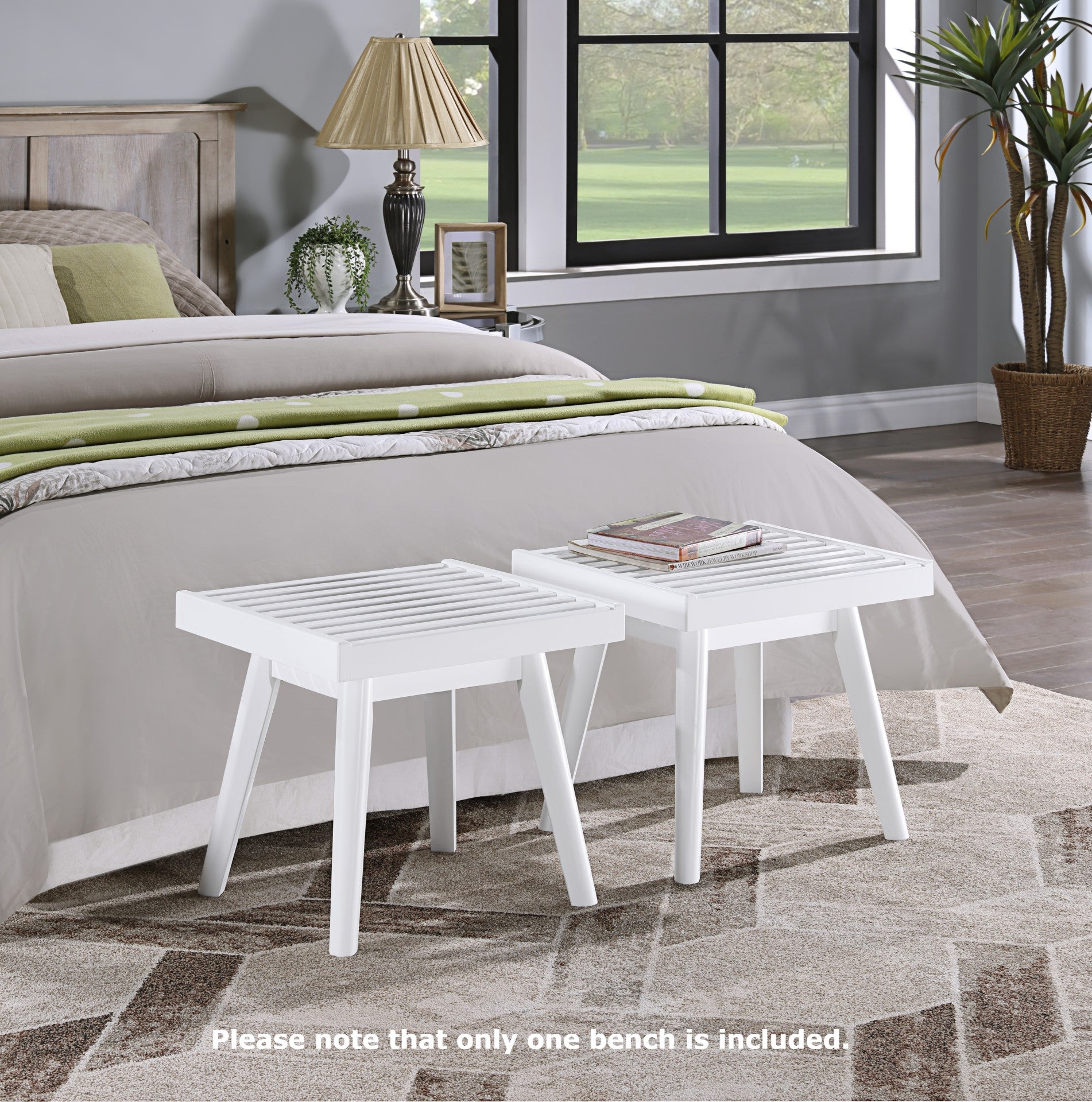 White slatted accent bench with tapered legs